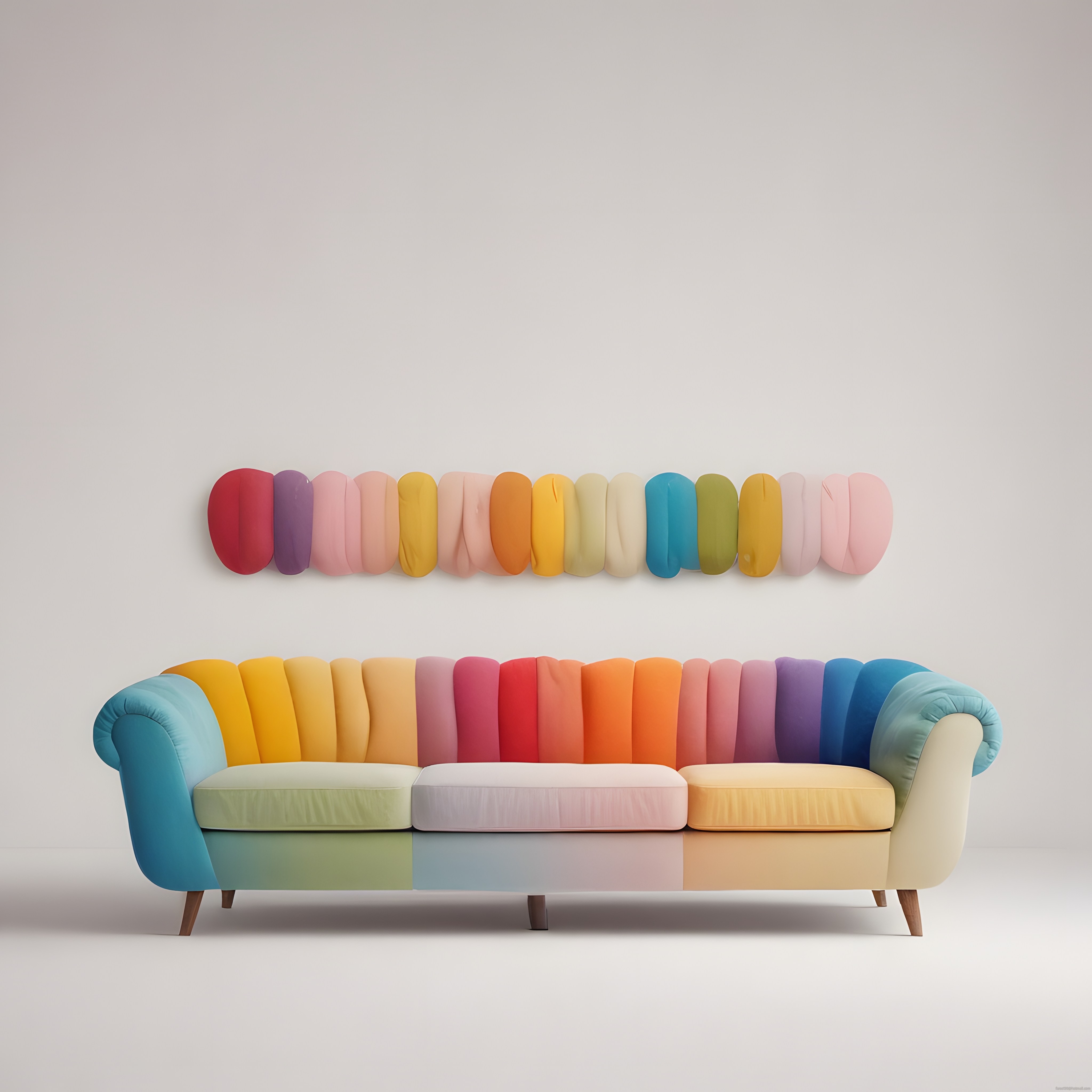 Gökkuşağı renkli kanepe ve pastel duvar süsüyle modern salon dekorasyonu