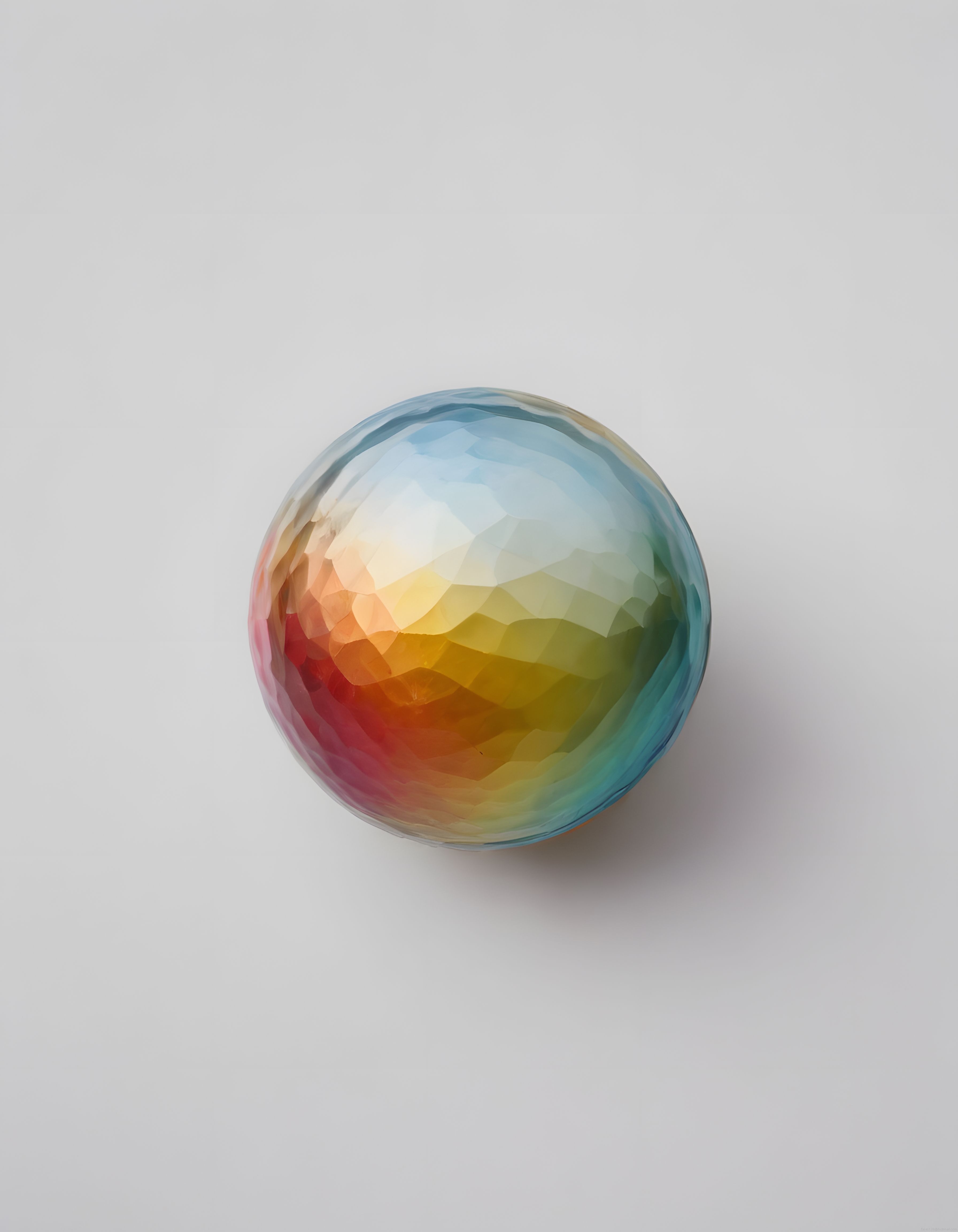 Gökkuşağı Renkli Kristal Küre: Geometrik Yüzeyli Cam Dokulu Minimal 3D Tasarım