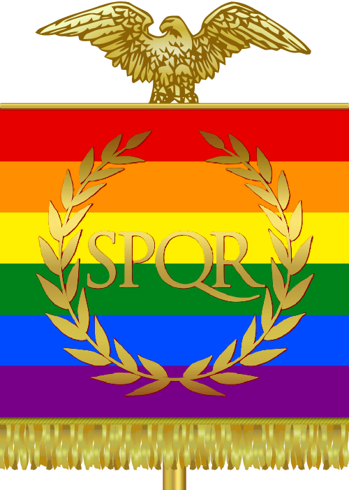 Gökkuşağı Renkli Roma Bayrağı: SPQR Yazılı Altın Kartal ve Defne Çelengi