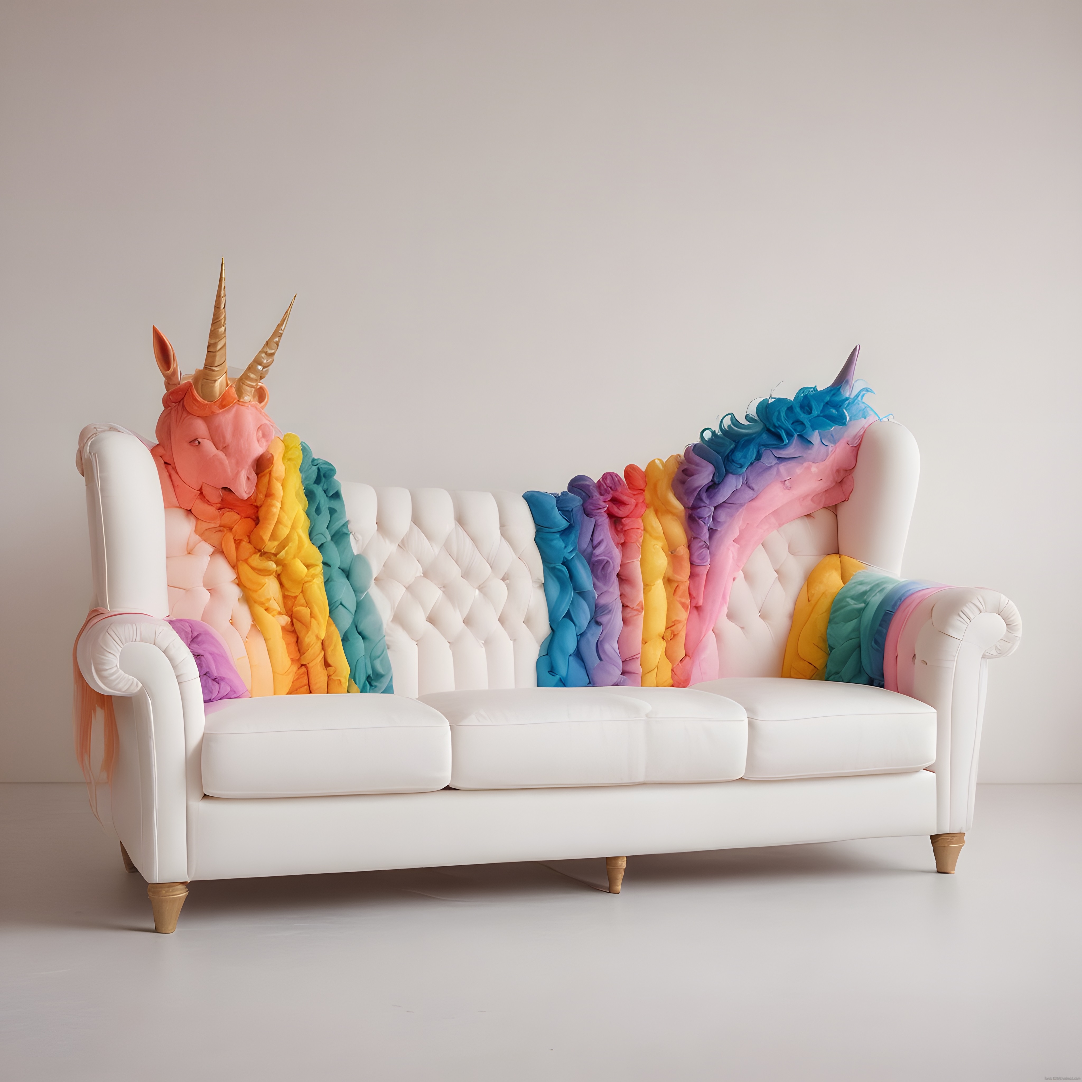 Gökkuşağı renkli unicorn şeklinde tasarlanmış lüks beyaz kapitone kanepe