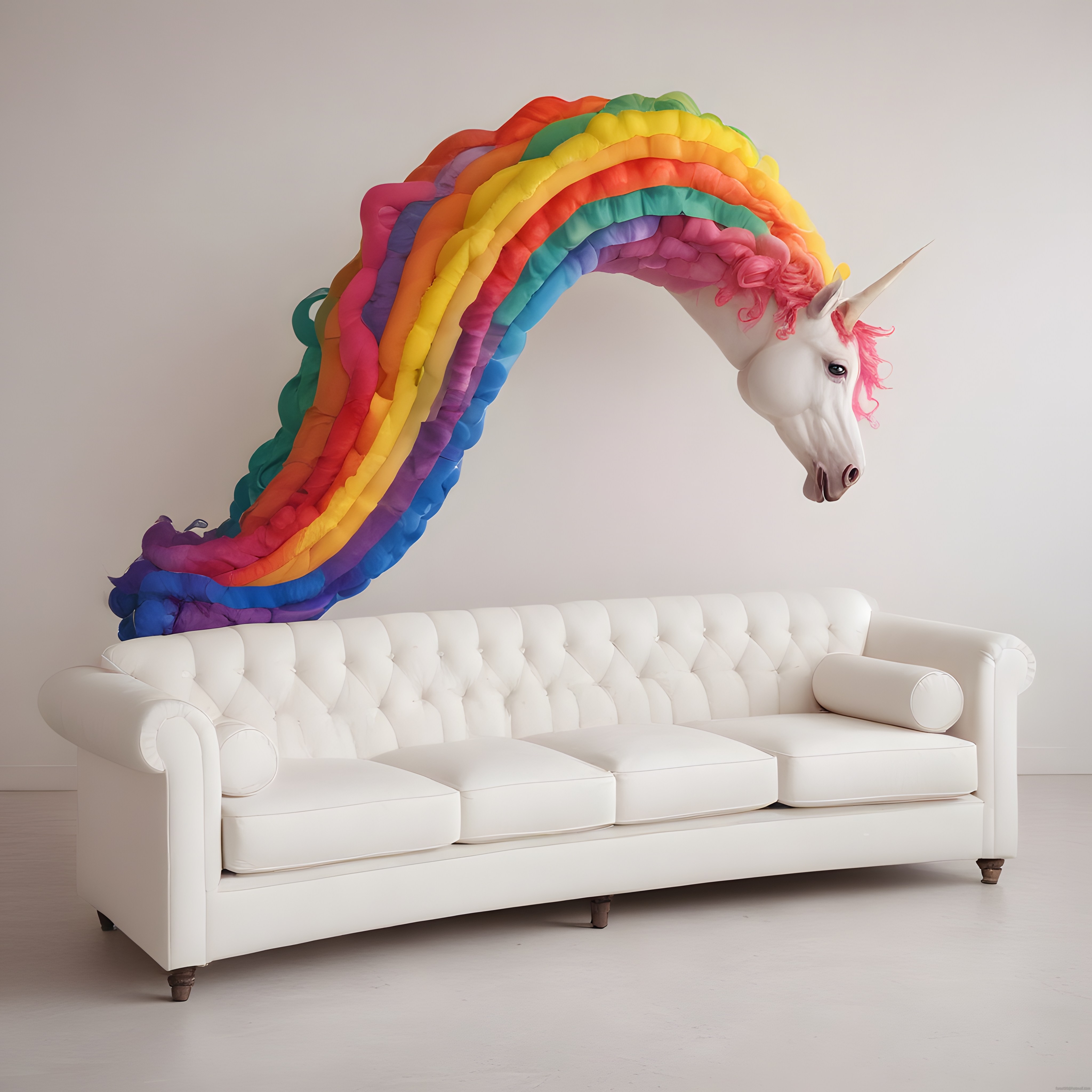 Gökkuşağı renkli yelesiyle süslenmiş dev unicorn başı beyaz kanepe üzerinde