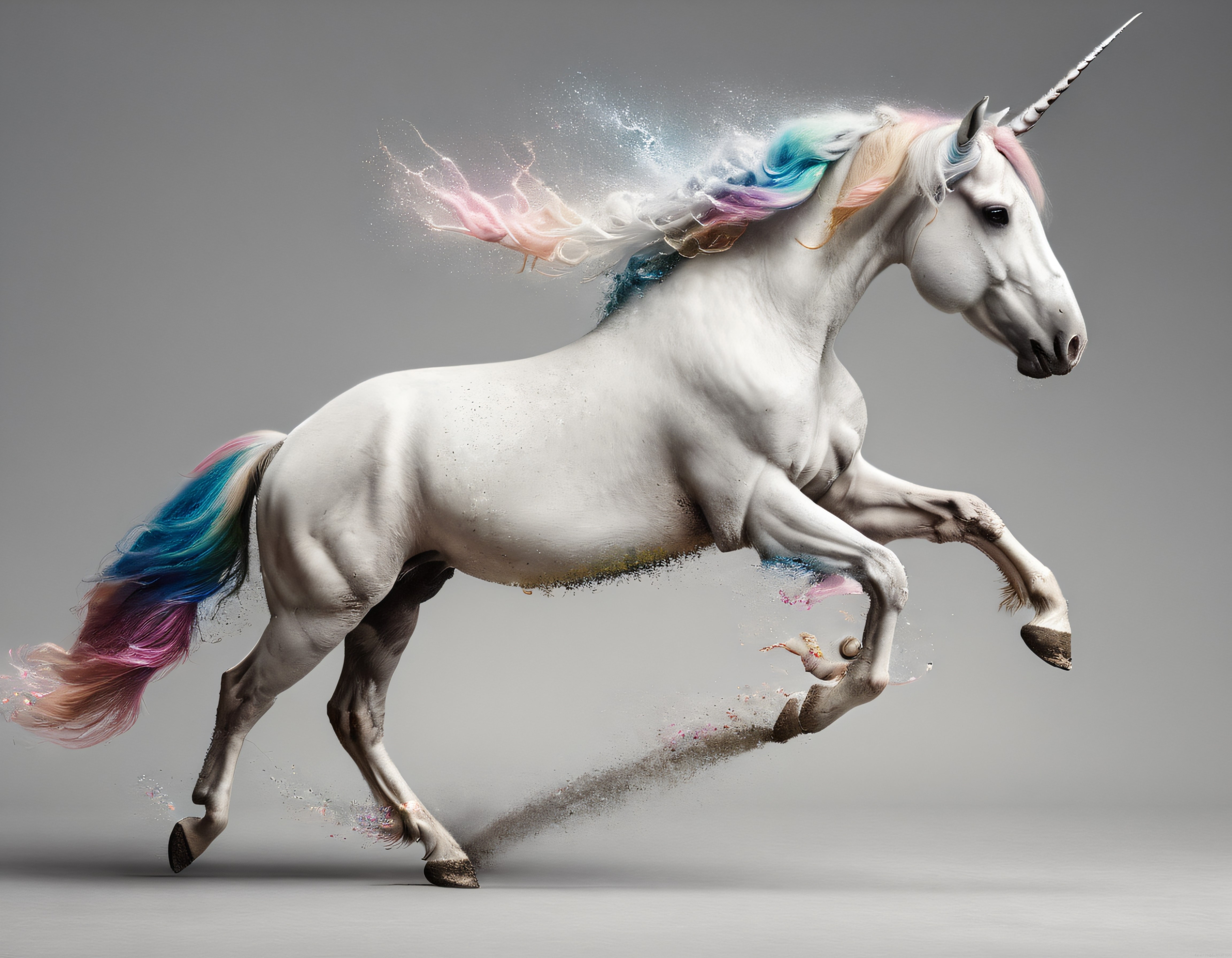 Gökkuşağı Renkli Yelesiyle Toz Bulutları İçinde Koşan Beyaz Unicorn