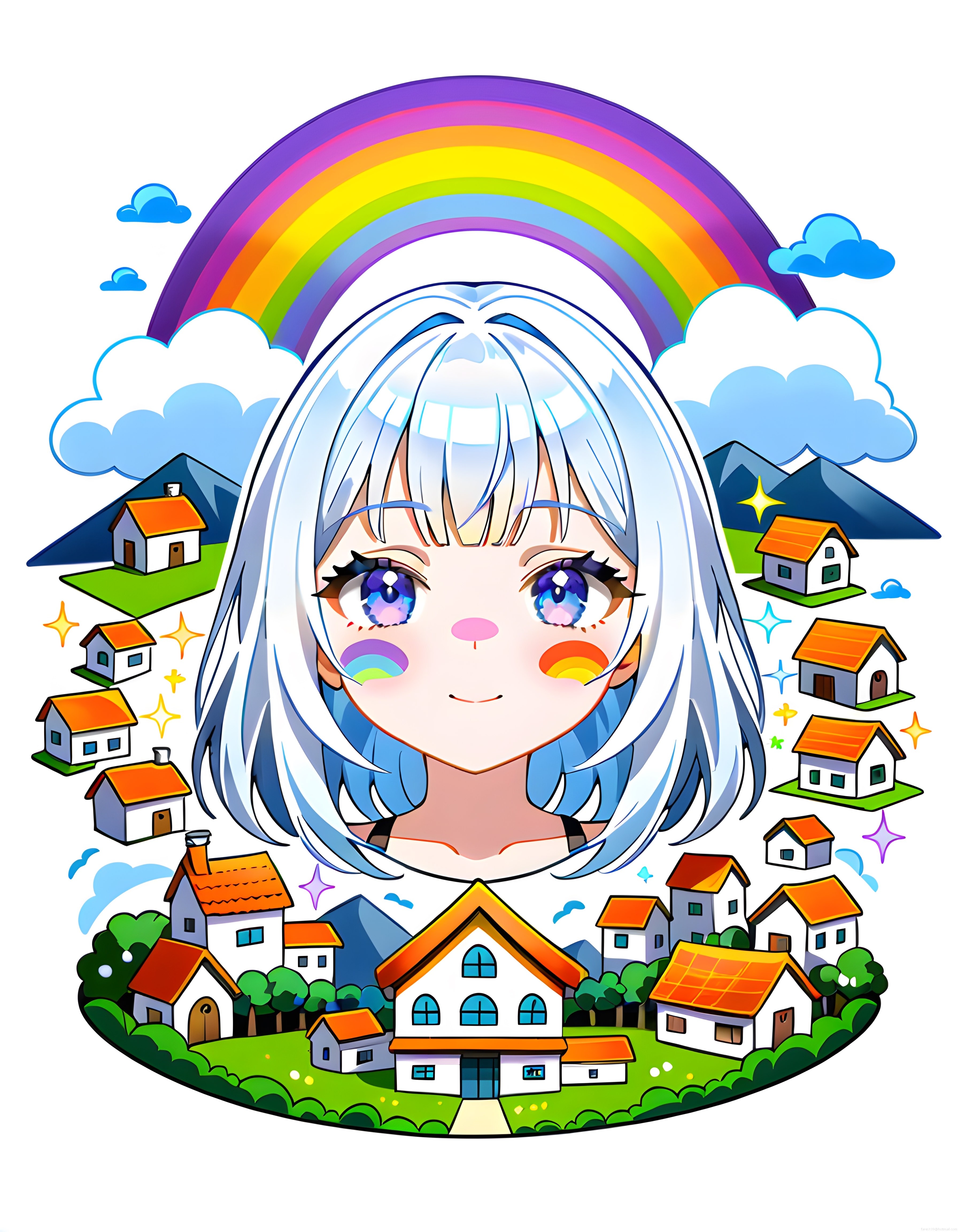 Gökkuşağı Saçlı Anime Karakter ve Masalsı Köy Manzaralı Renkli Dijital Sanat