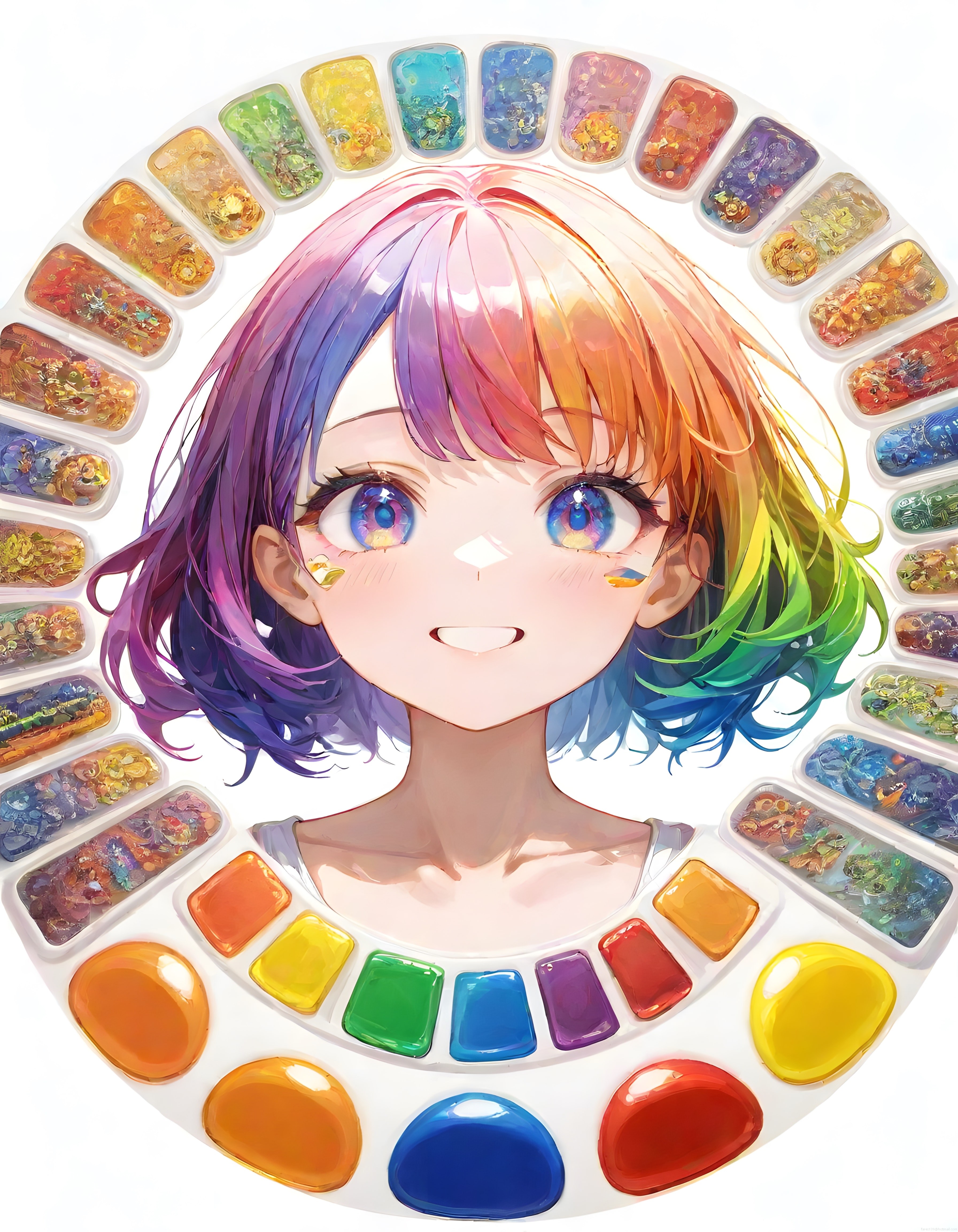 Gökkuşağı Saçlı Anime Kız ve Renkli Boya Paleti Dijital Sanat Çalışması