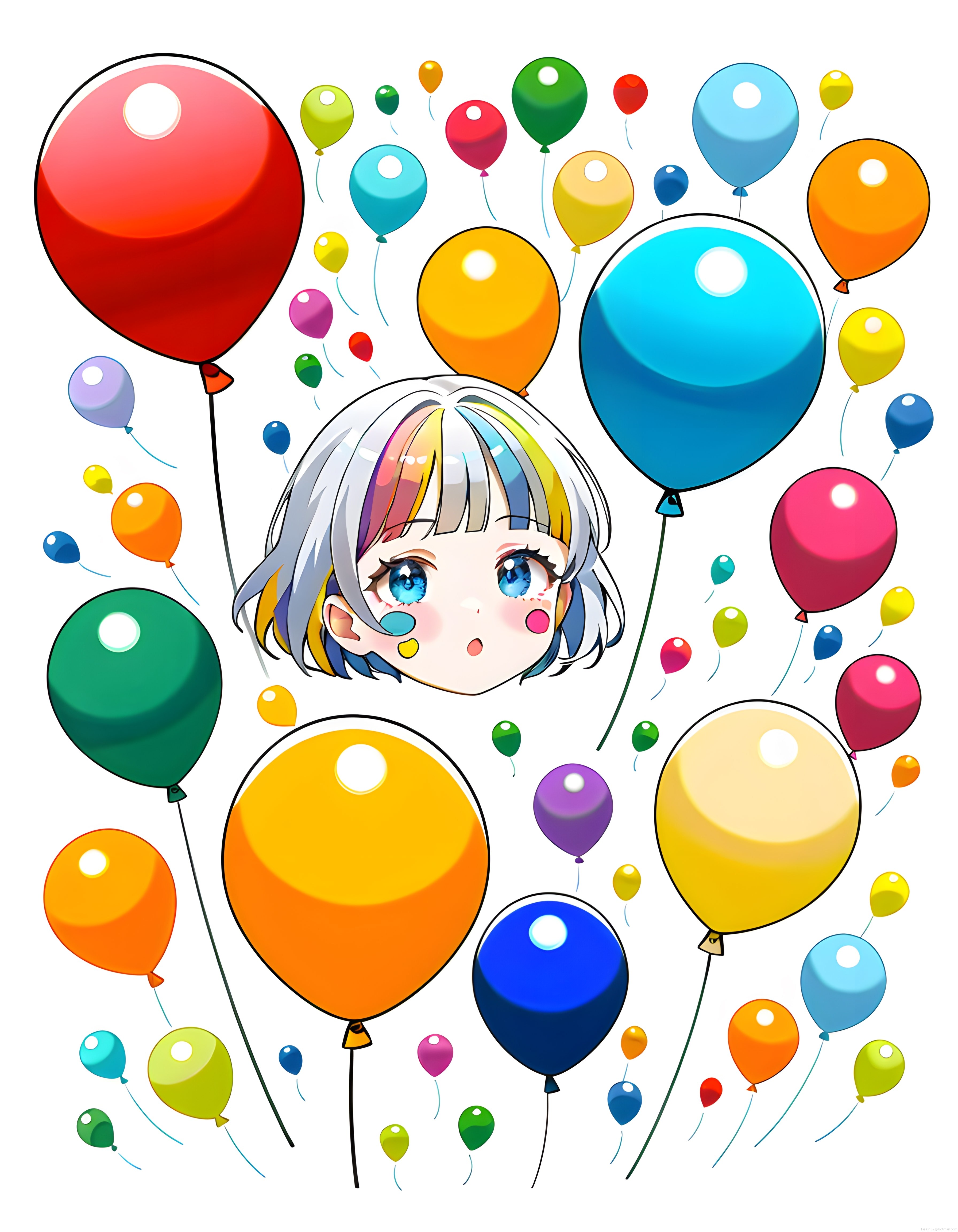 Gökkuşağı Saçlı Chibi Anime Kız ve Renkli Uçan Balonların Neşeli Partisi