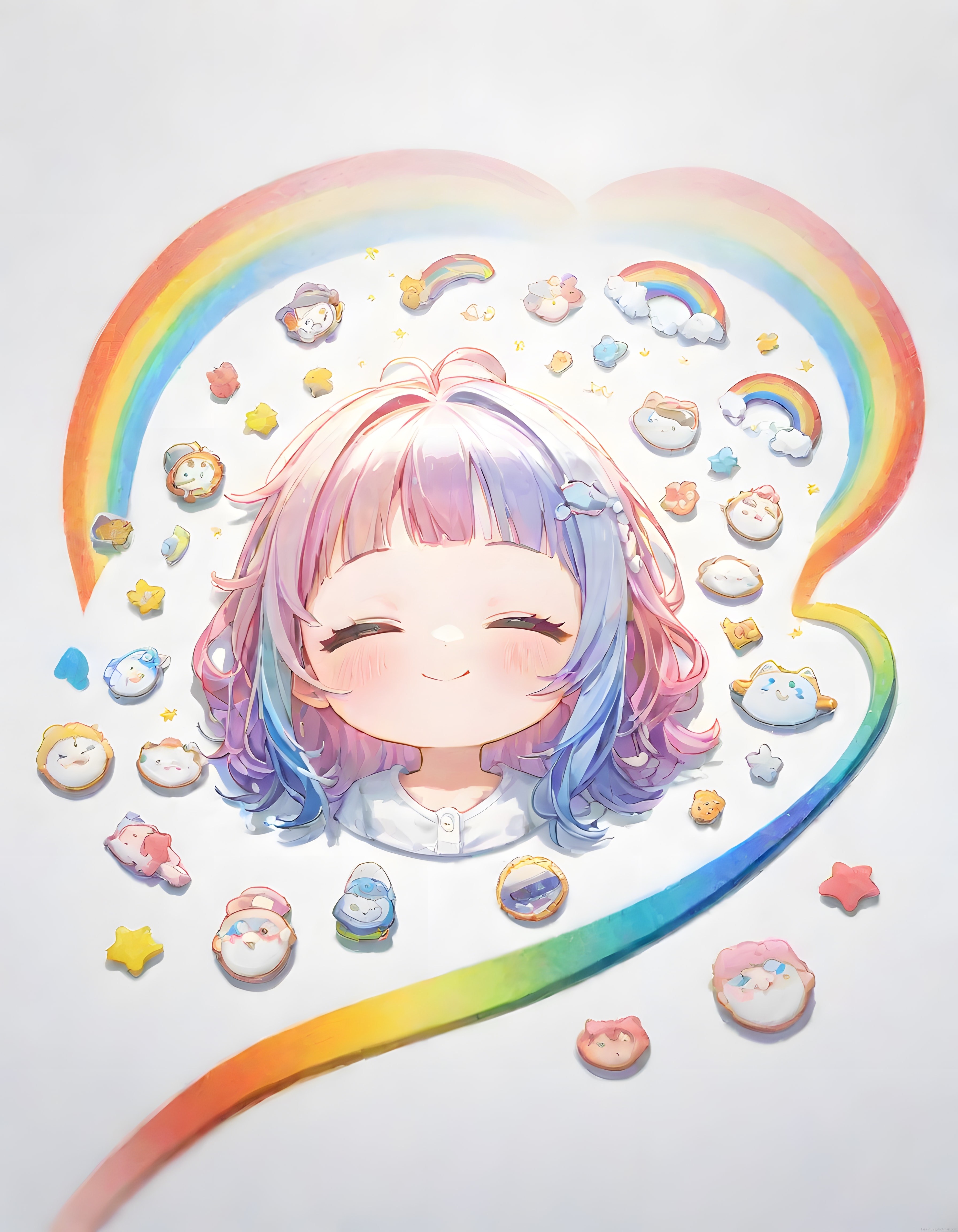 Gökkuşağı Saçlı Mutlu Chibi Anime Karakteri ve Kalp Gökkuşağı Dijital Sanat