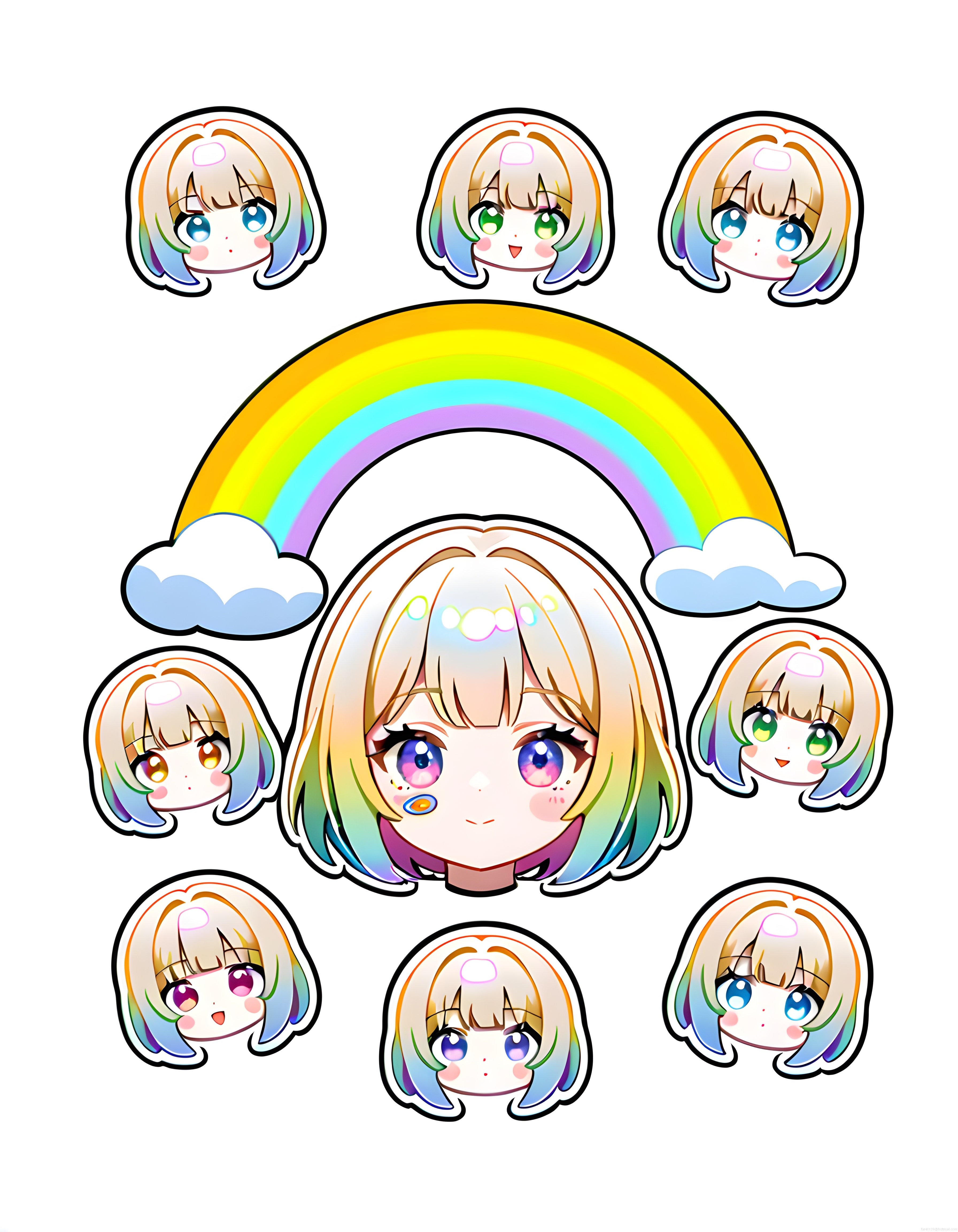 Gökkuşağı Saçlı Sevimli Chibi Anime Kız Karakteri ve Duygu İfade Çıkartma Seti