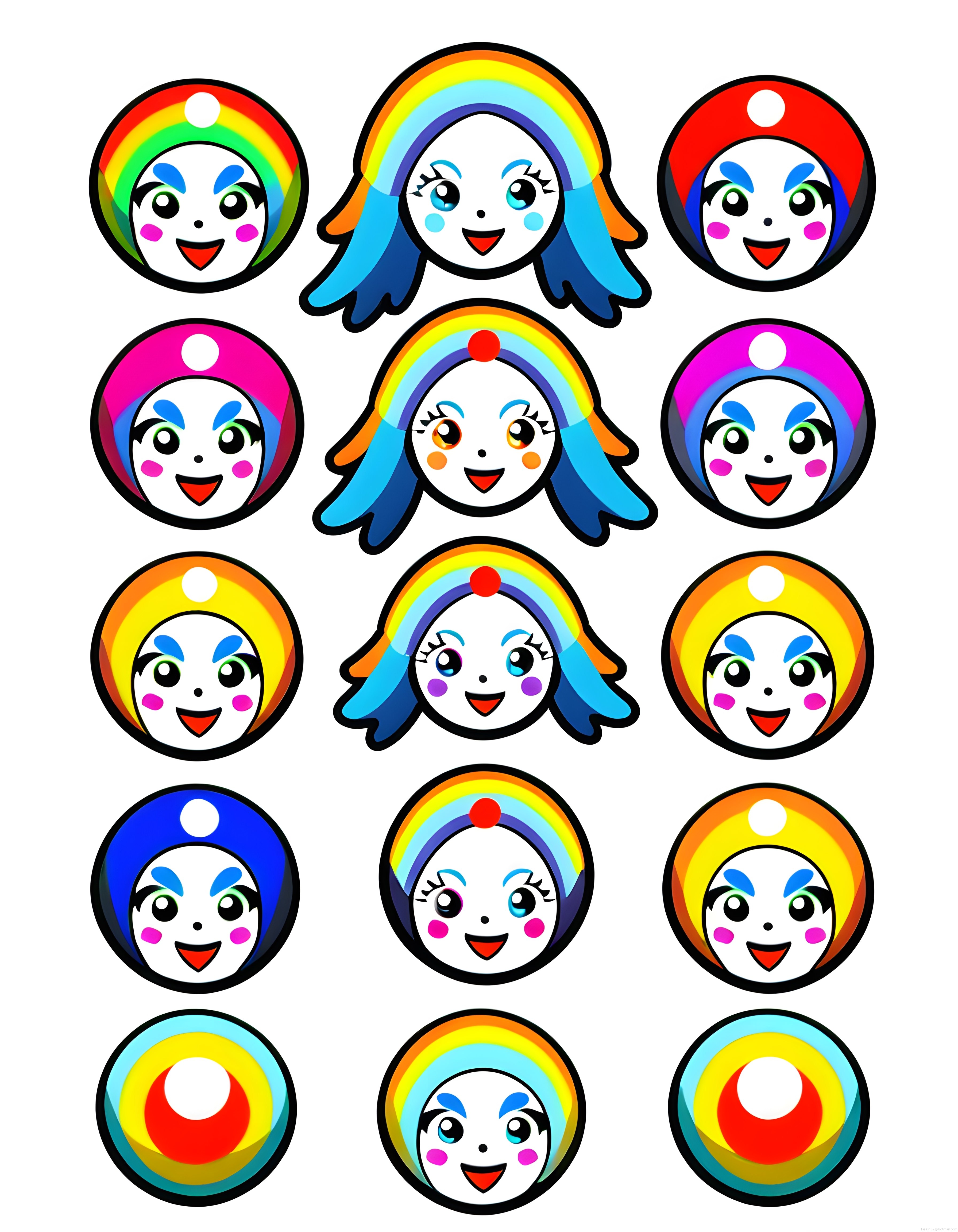 Gökkuşağı Saçlı Sevimli Chibi Kız Karakterleri Renkli Çıkartma Seti