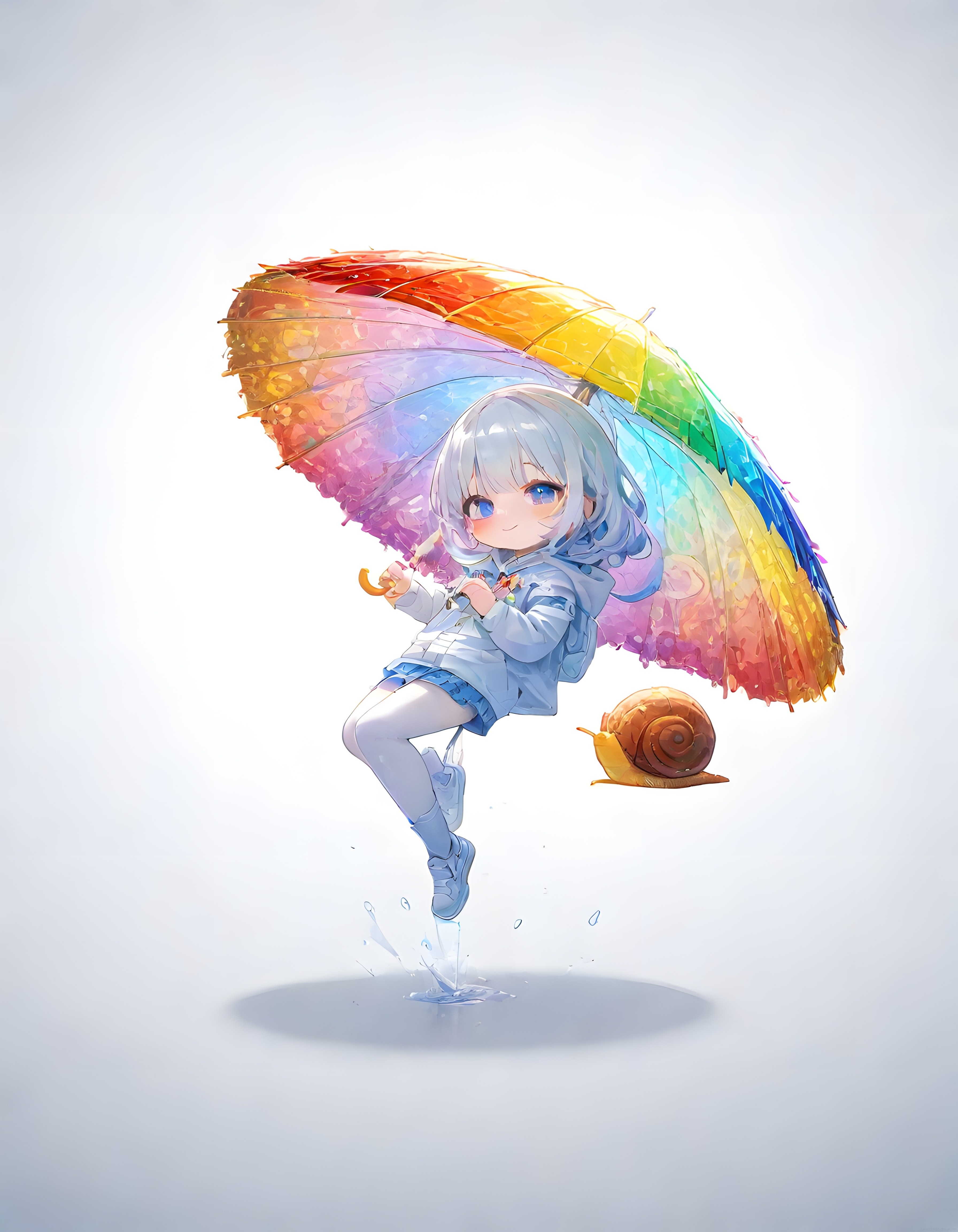 Gökkuşağı Şemsiyeli Sevimli Anime Kız ve Salyangoz Dijital Sanat Çalışması