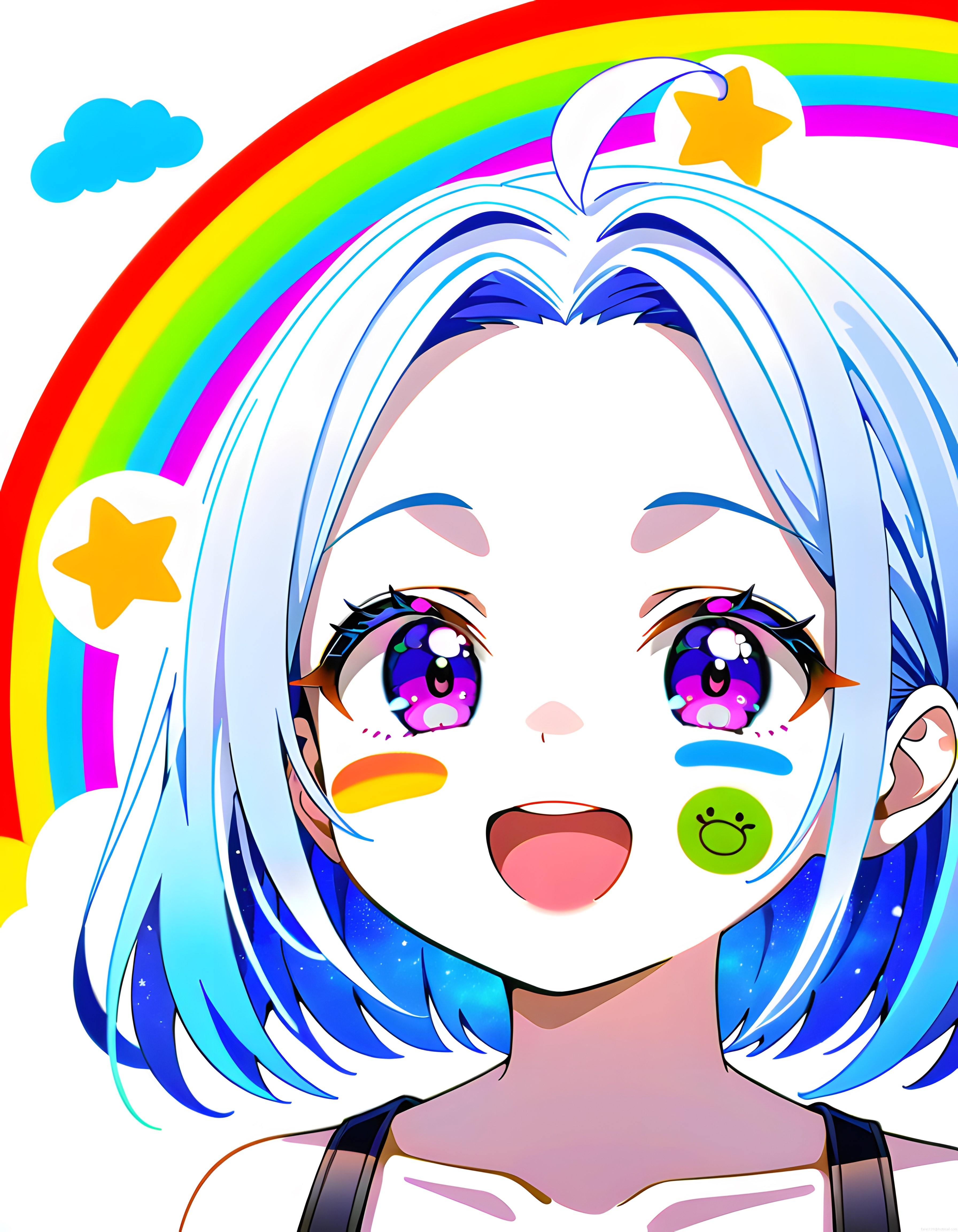 Gökkuşağı Temalı Sevimli Anime Kız Karakteri Dijital İllüstrasyon