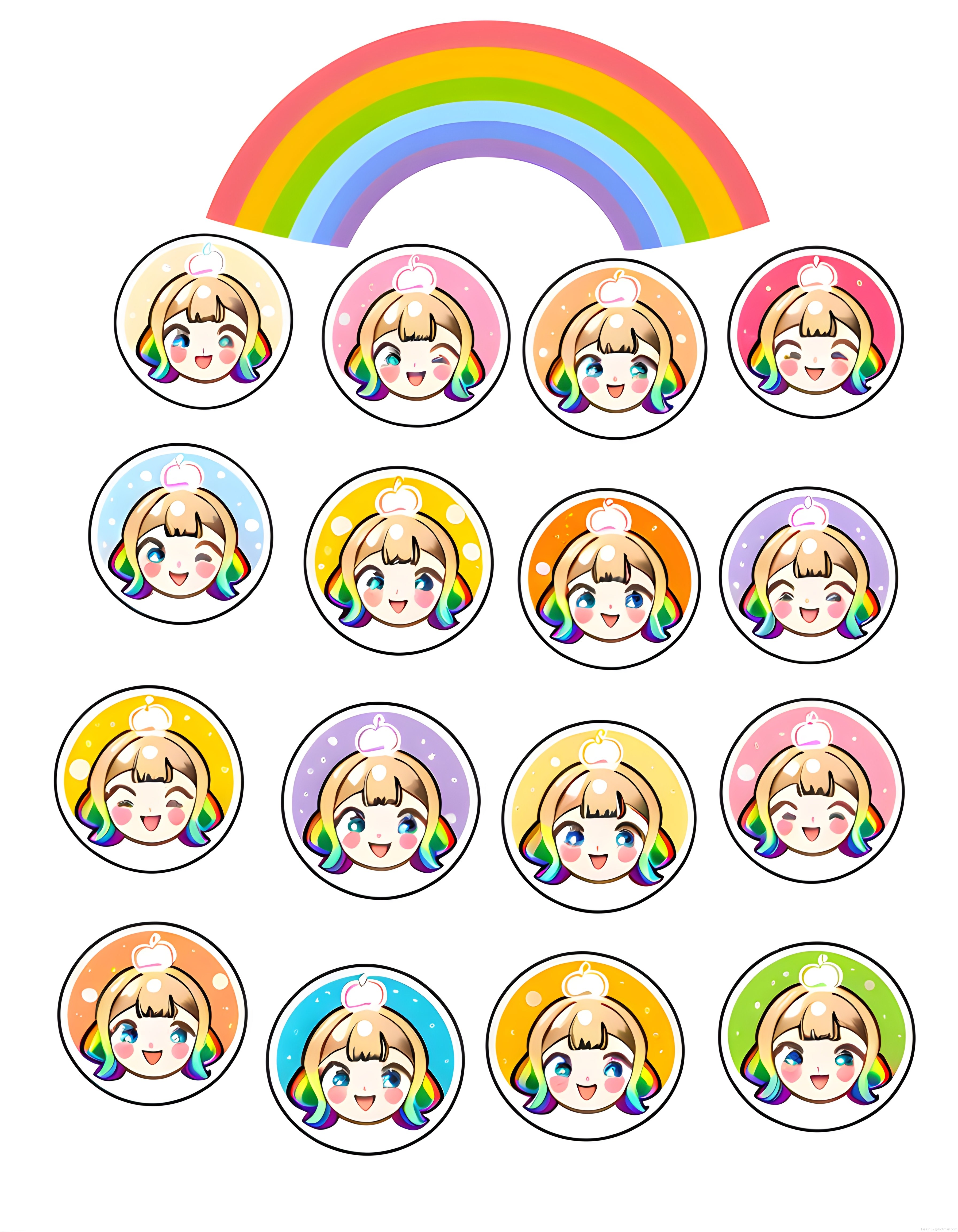 Gökkuşağı Temalı Sevimli Chibi Anime Karakter Rozetleri ve Dijital Sticker Seti