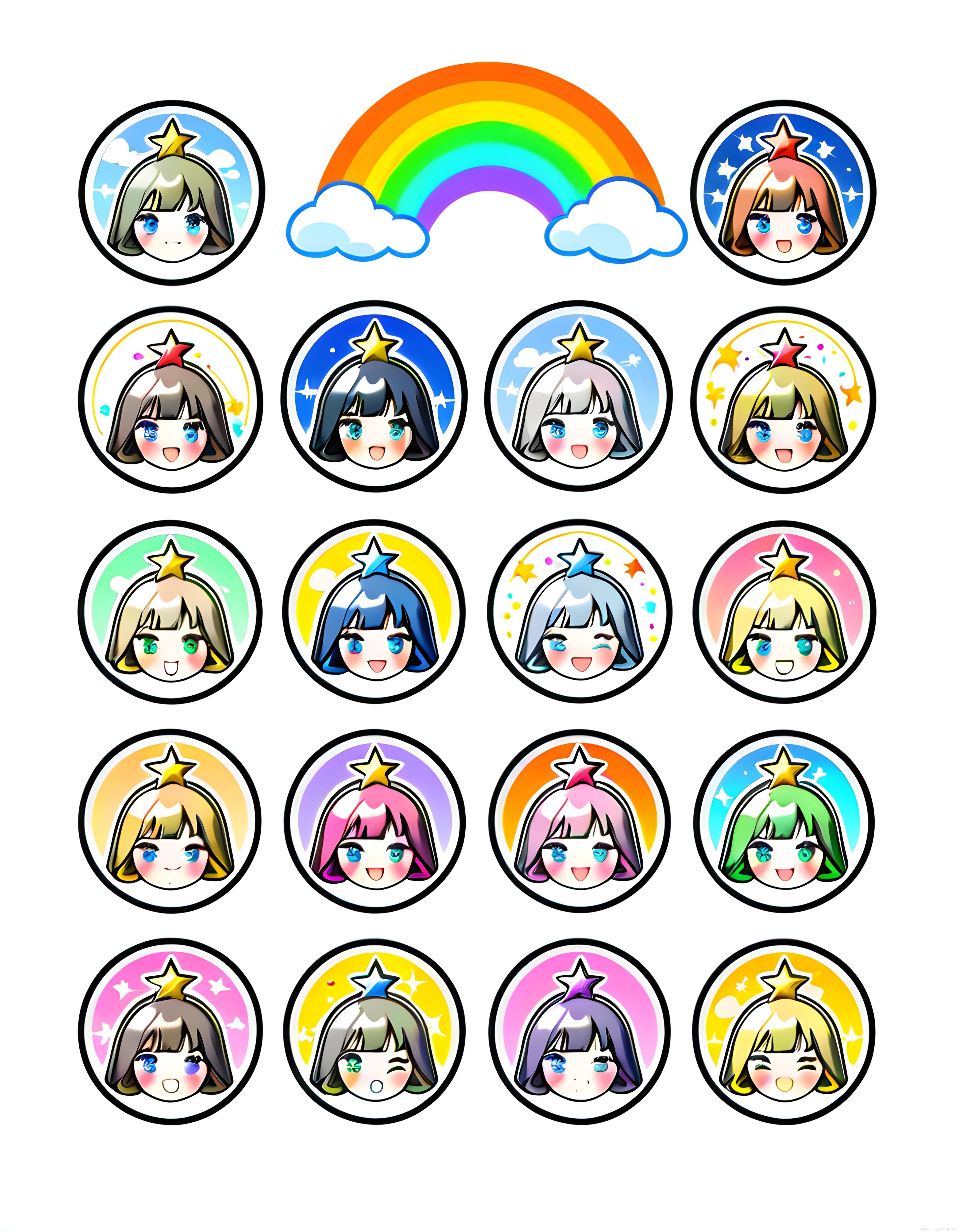 Gökkuşağı Temalı Sevimli Chibi Anime Karakter Sticker ve Avatar Koleksiyonu