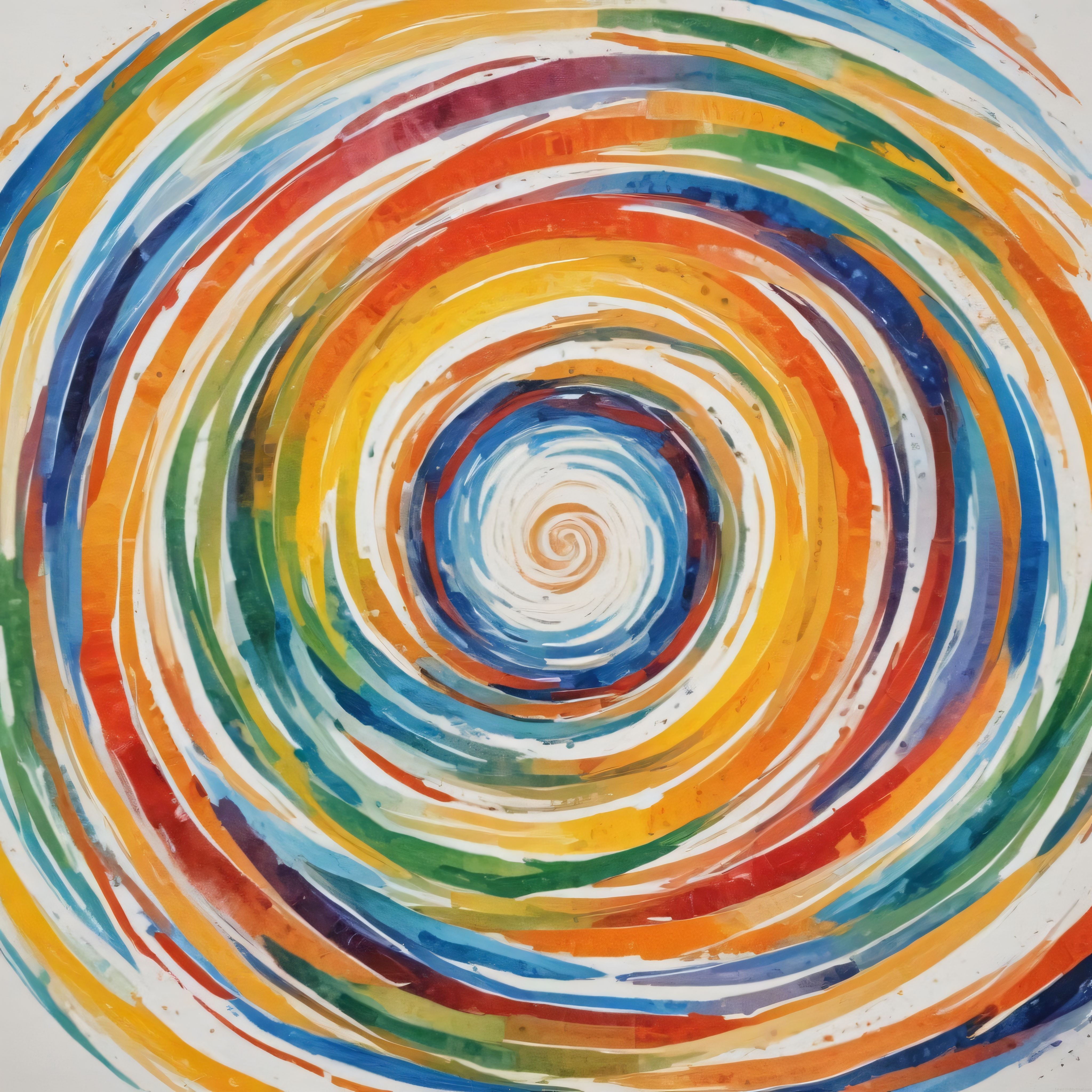 Gökkuşağı tonlarında hipnotik spiral halkalar içeren enerjik soyut sanat eseri