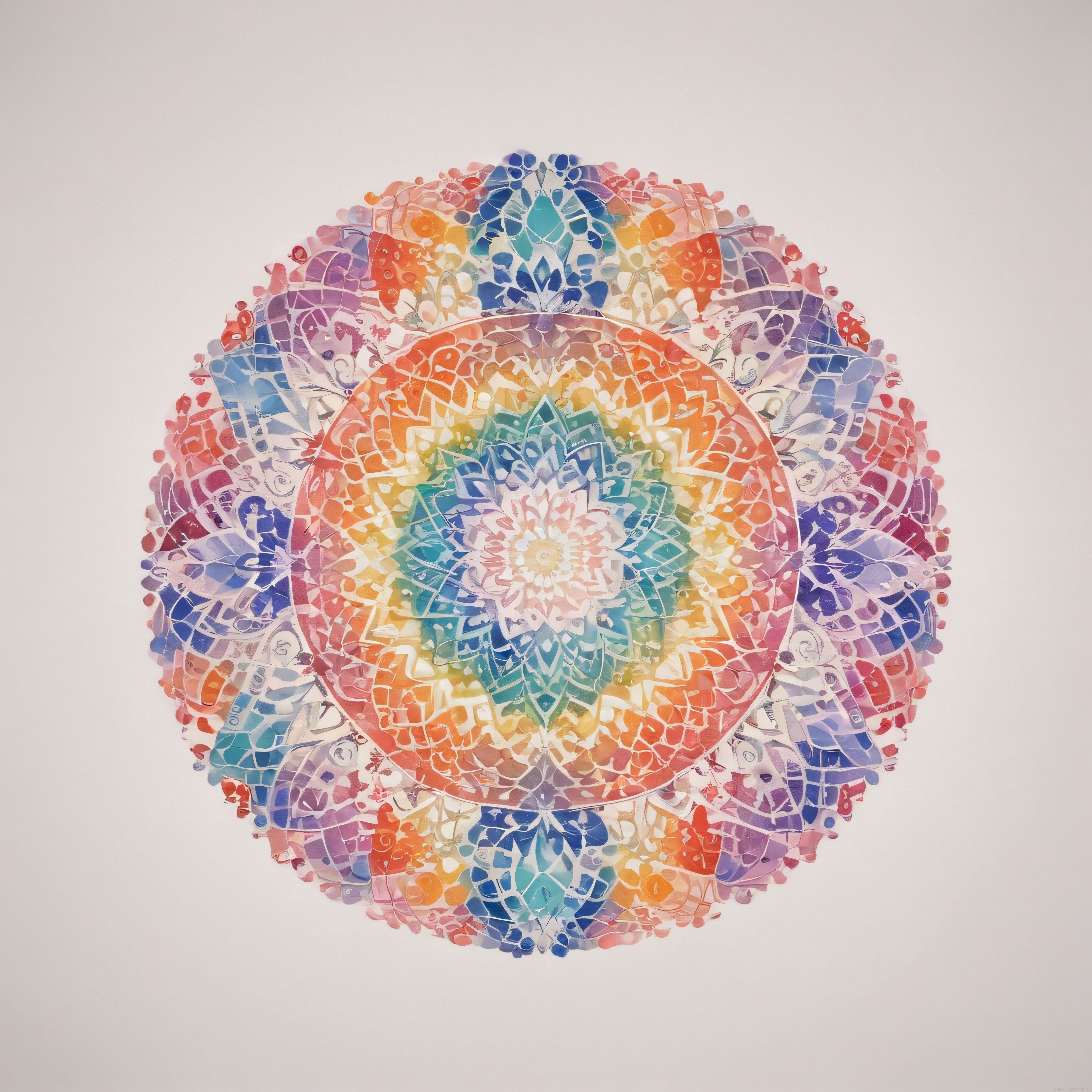 Gökkuşağı tonlarında mandala formunda karmaşık mozaik desenli suluboya sanat eseri