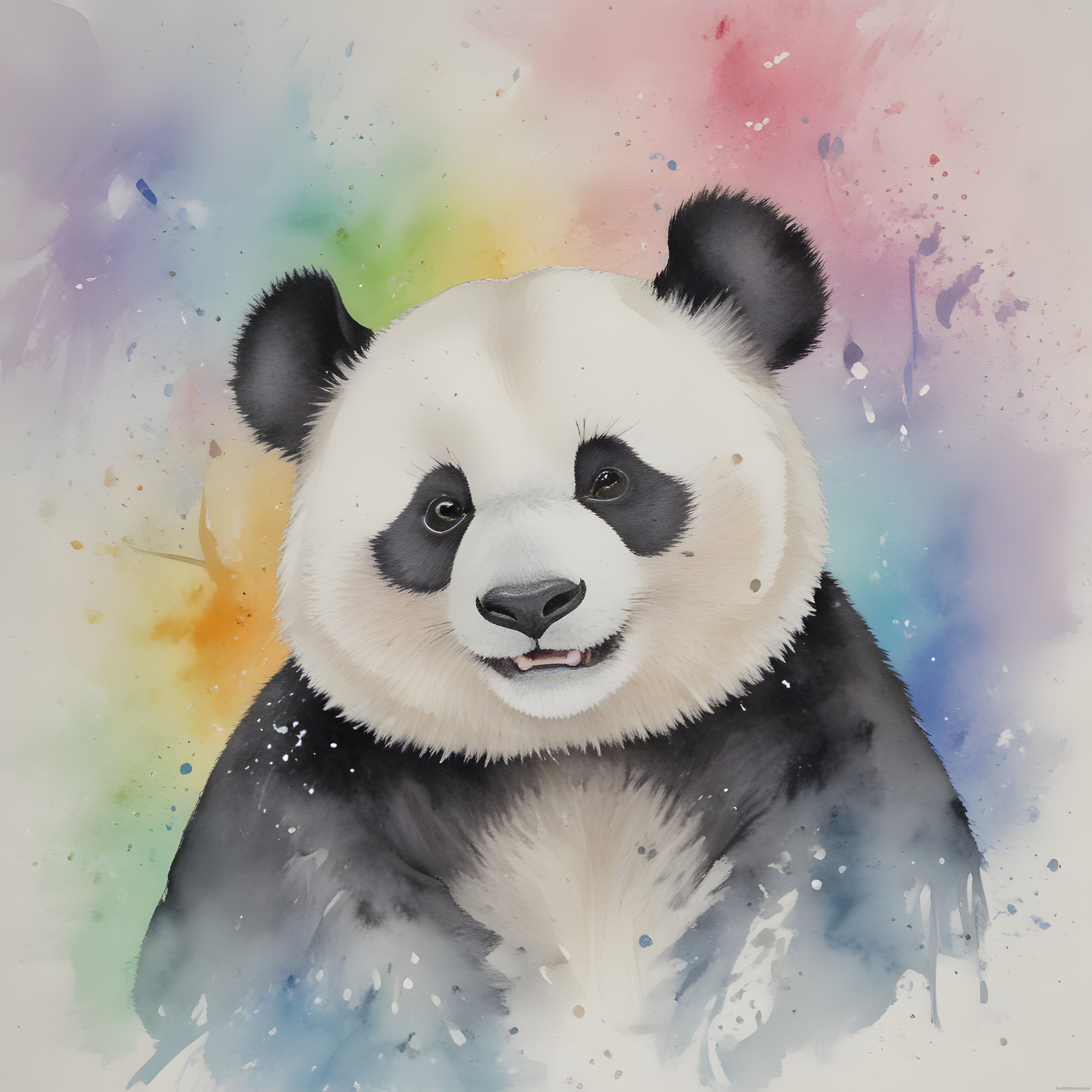 Gökkuşağı tonlarında suluboya arka planlı sevimli panda portresi tablosu