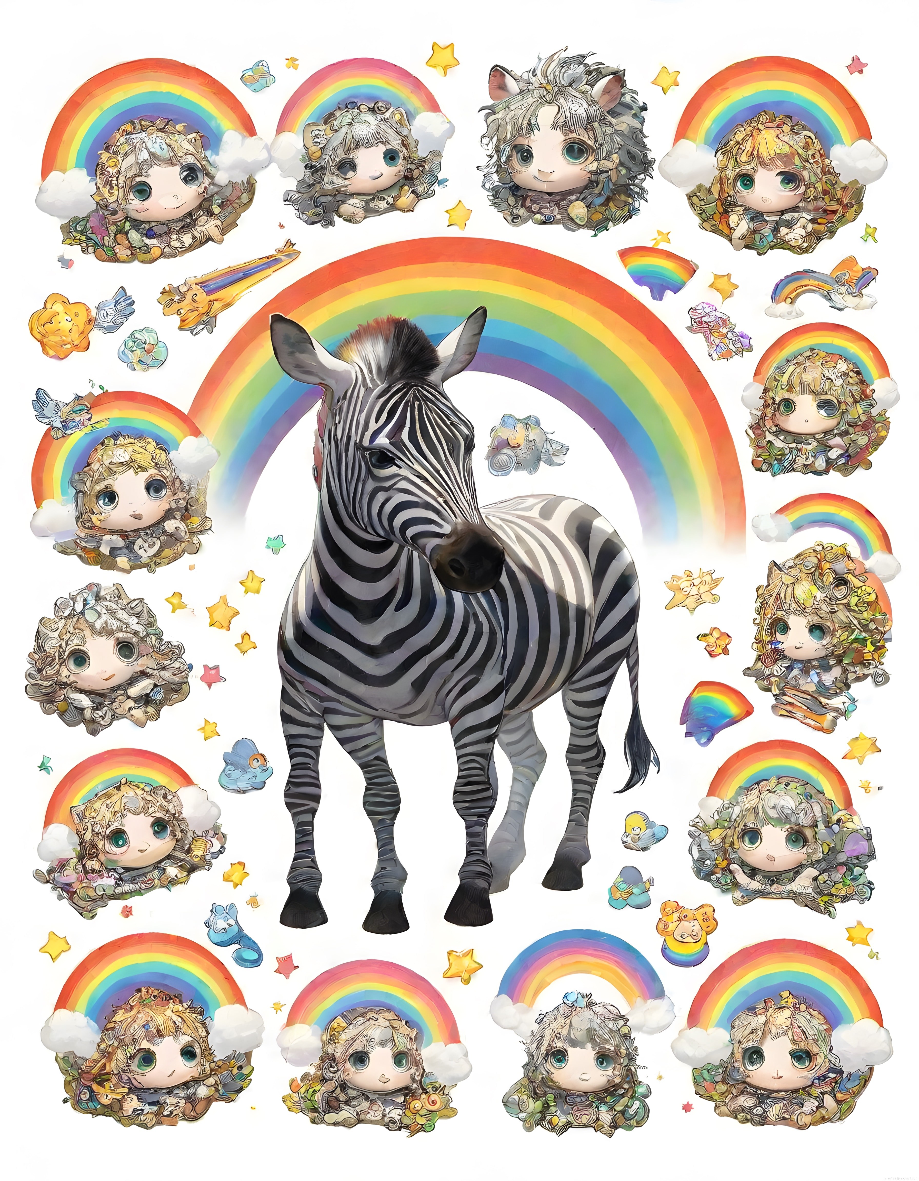 Gökkuşağı ve anime karakterlerle süslenmiş renkli zebra illüstrasyonu