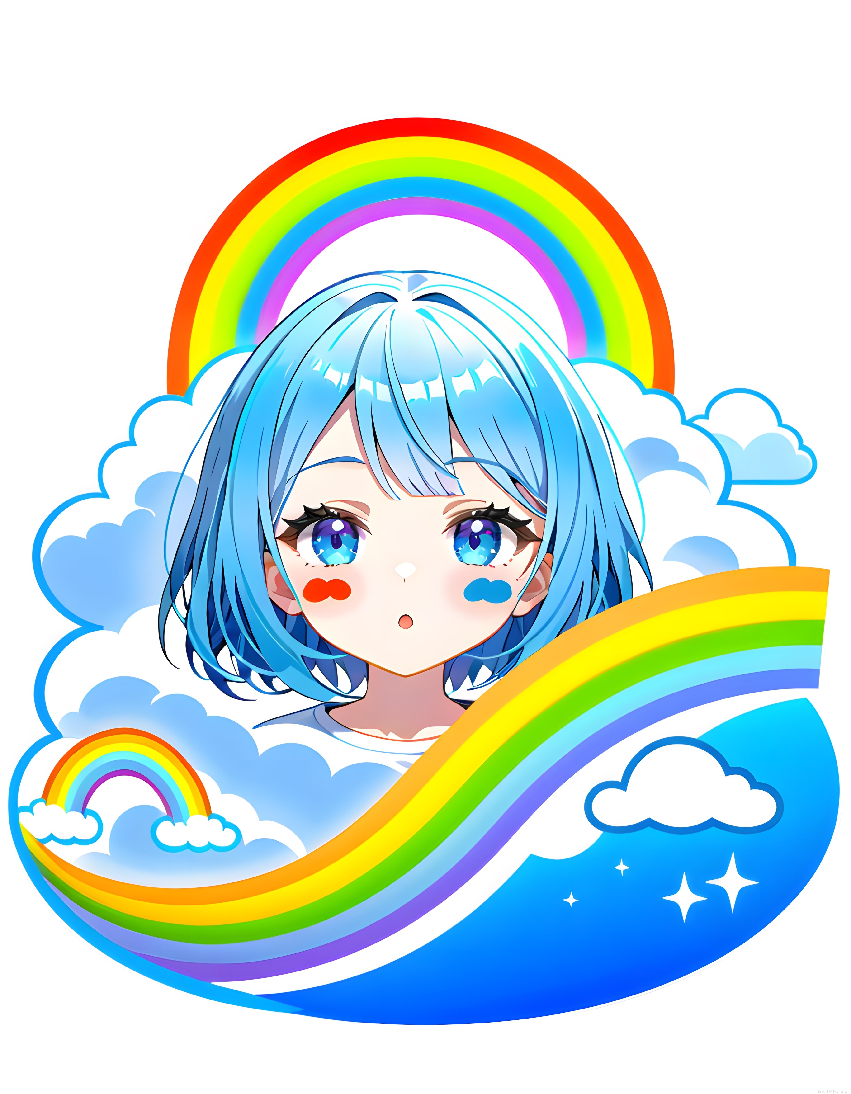 Gökkuşağı ve Bulutlar Arasındaki Mavi Saçlı Anime Karakter İllüstrasyonu