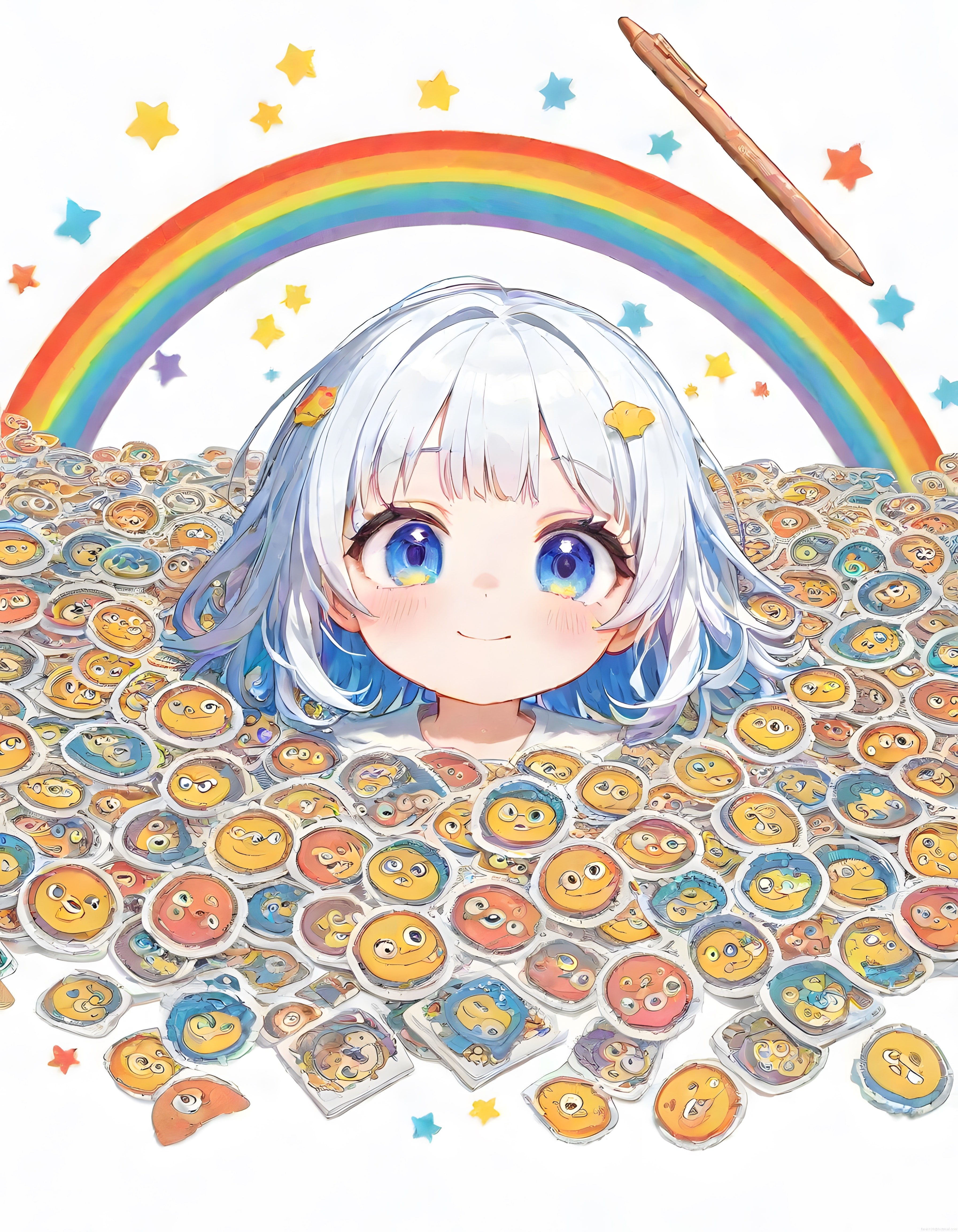 Gökkuşağı ve emoji çıkartmalar arasında sevimli anime kız illüstrasyon
