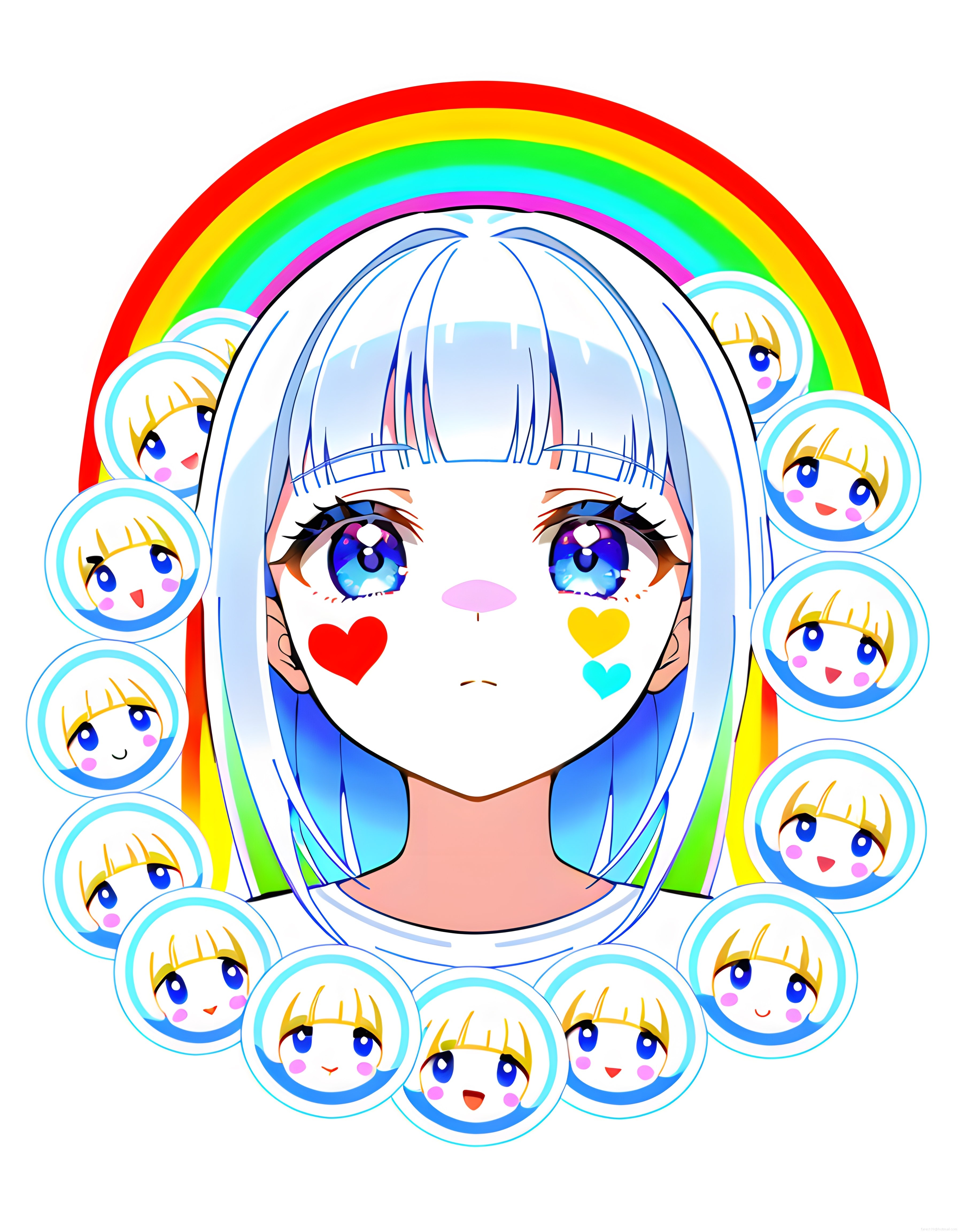 Gökkuşağı ve kalp çıkartmalı anime kız ile sevimli chibi baloncuklar