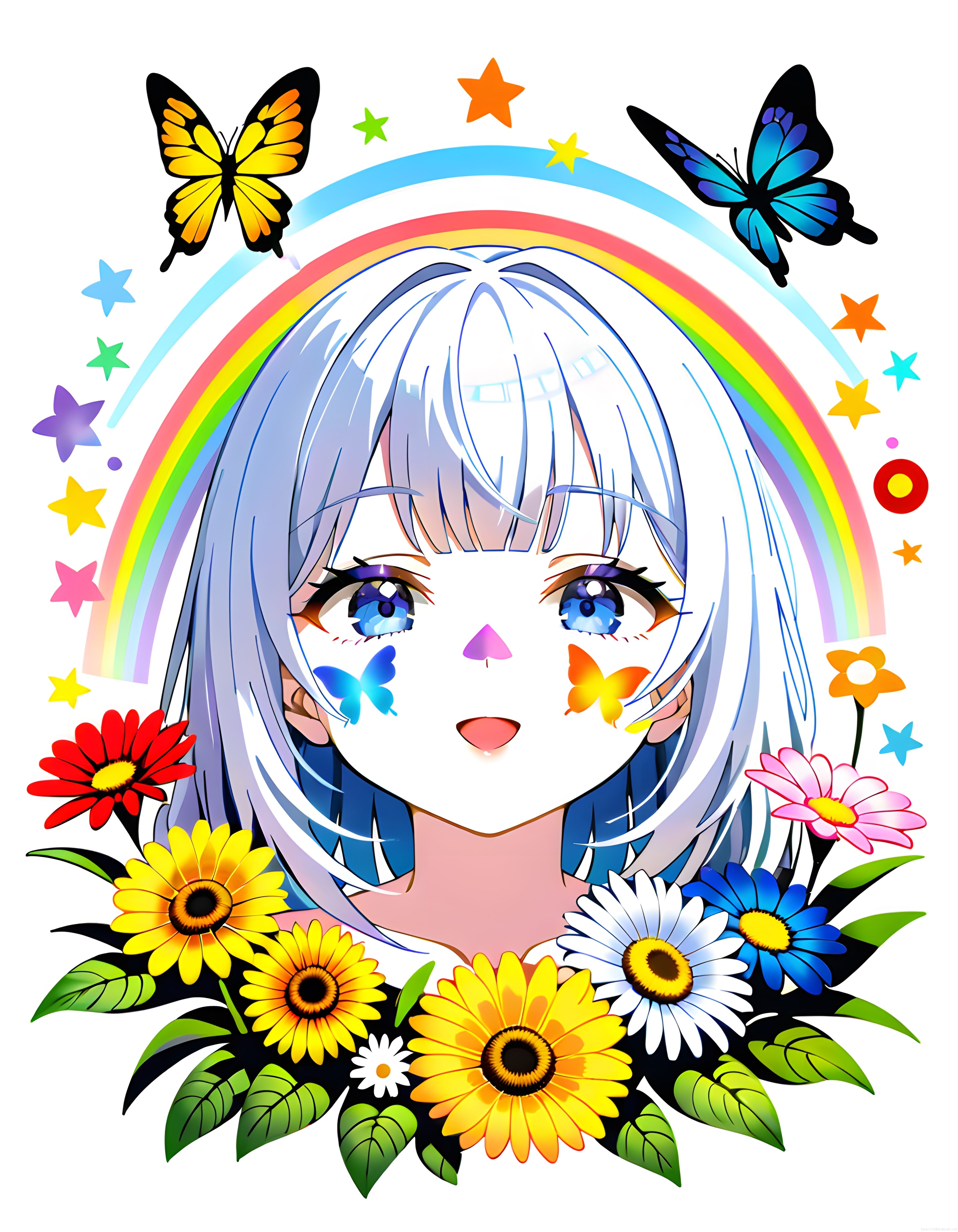 Gökkuşağı ve Kelebekler Arasında Anime Stilinde Çiçekli Dijital Sanat Kız Portresi