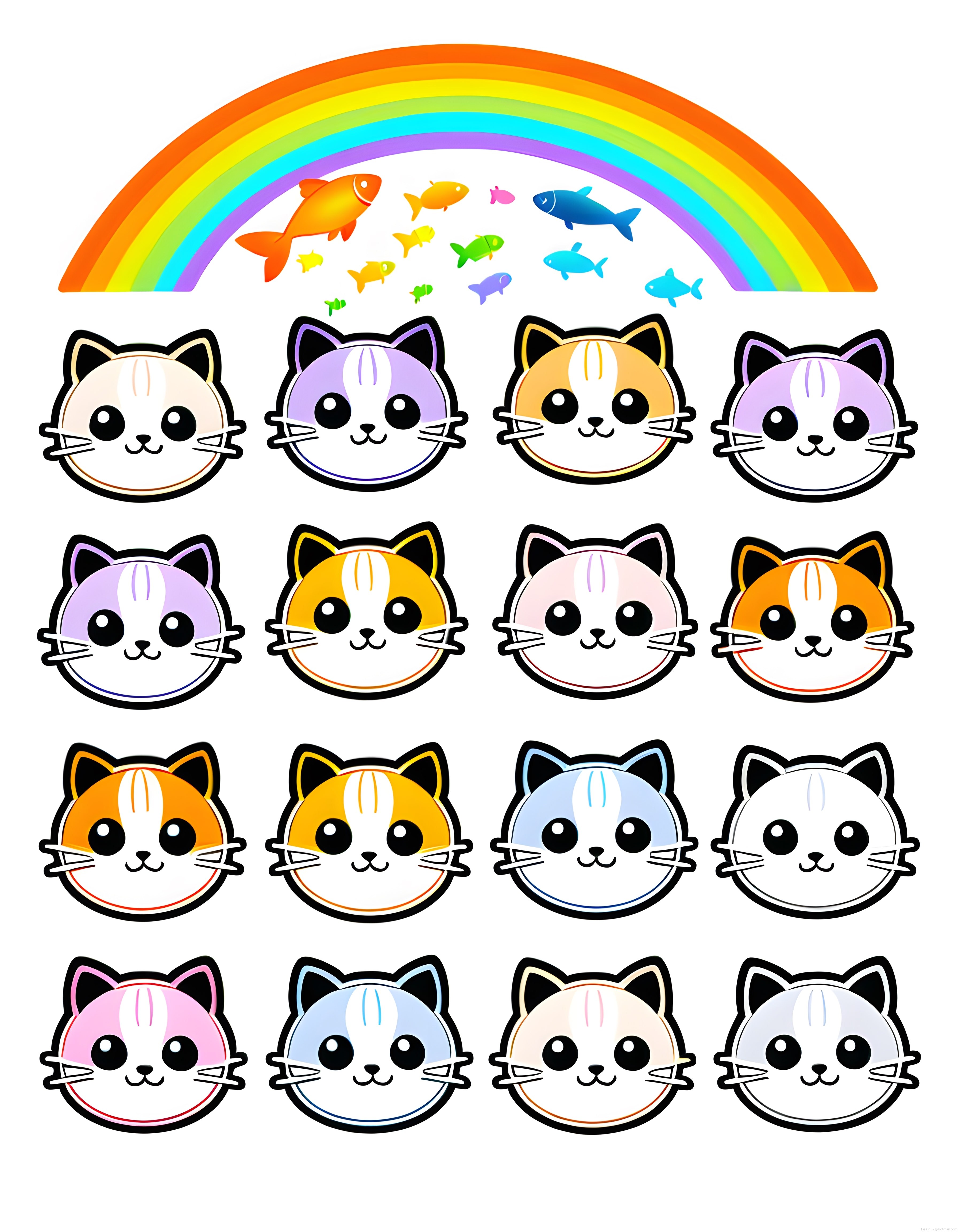 Gökkuşağı ve Renkli Balıkların Altındaki Sevimli Kawaii Kedi Yüzleri Koleksiyonu