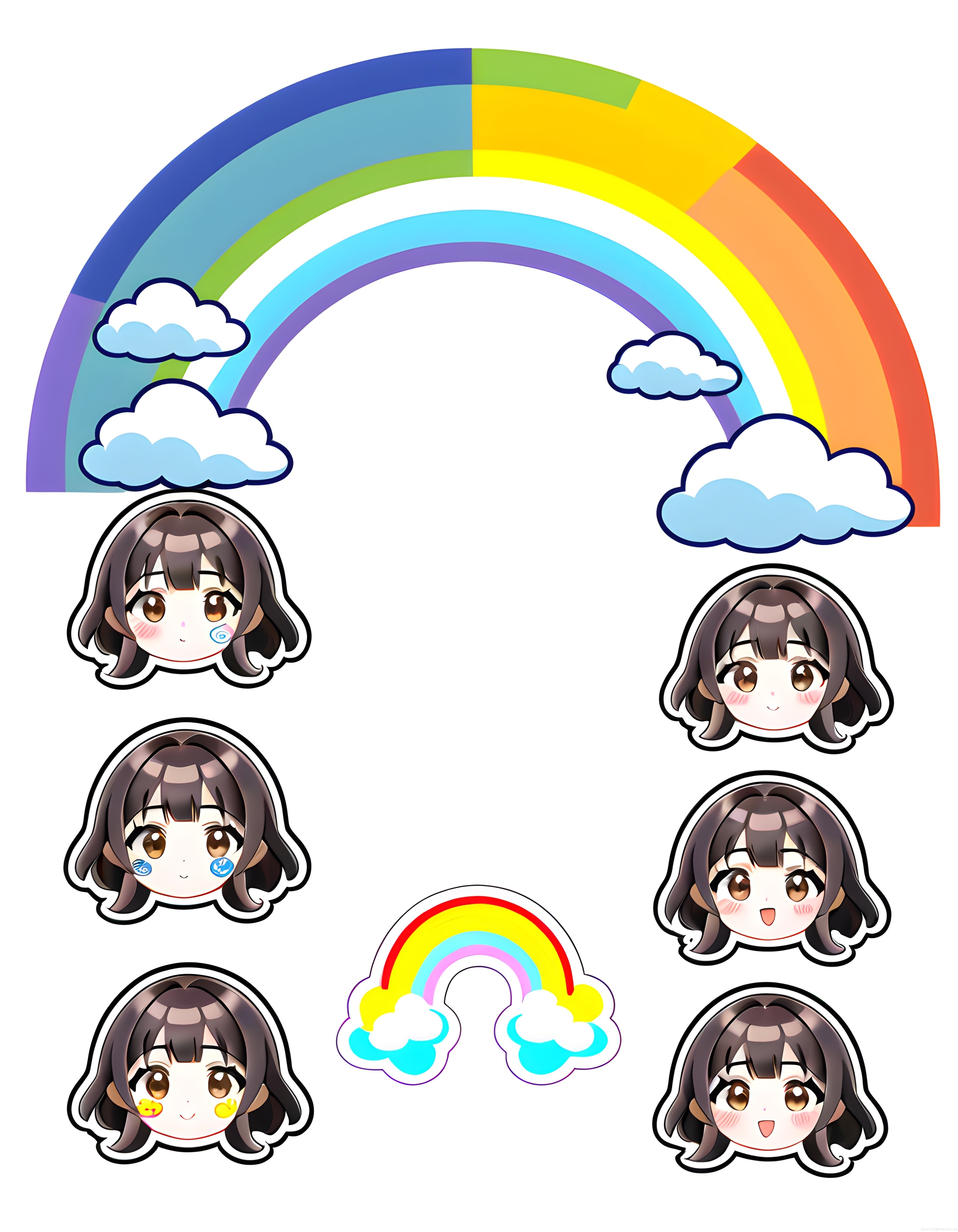 Gökkuşağı ve Sevimli Anime Chibi Kız Çıkartma Seti, Renkli Sticker Koleksiyonu