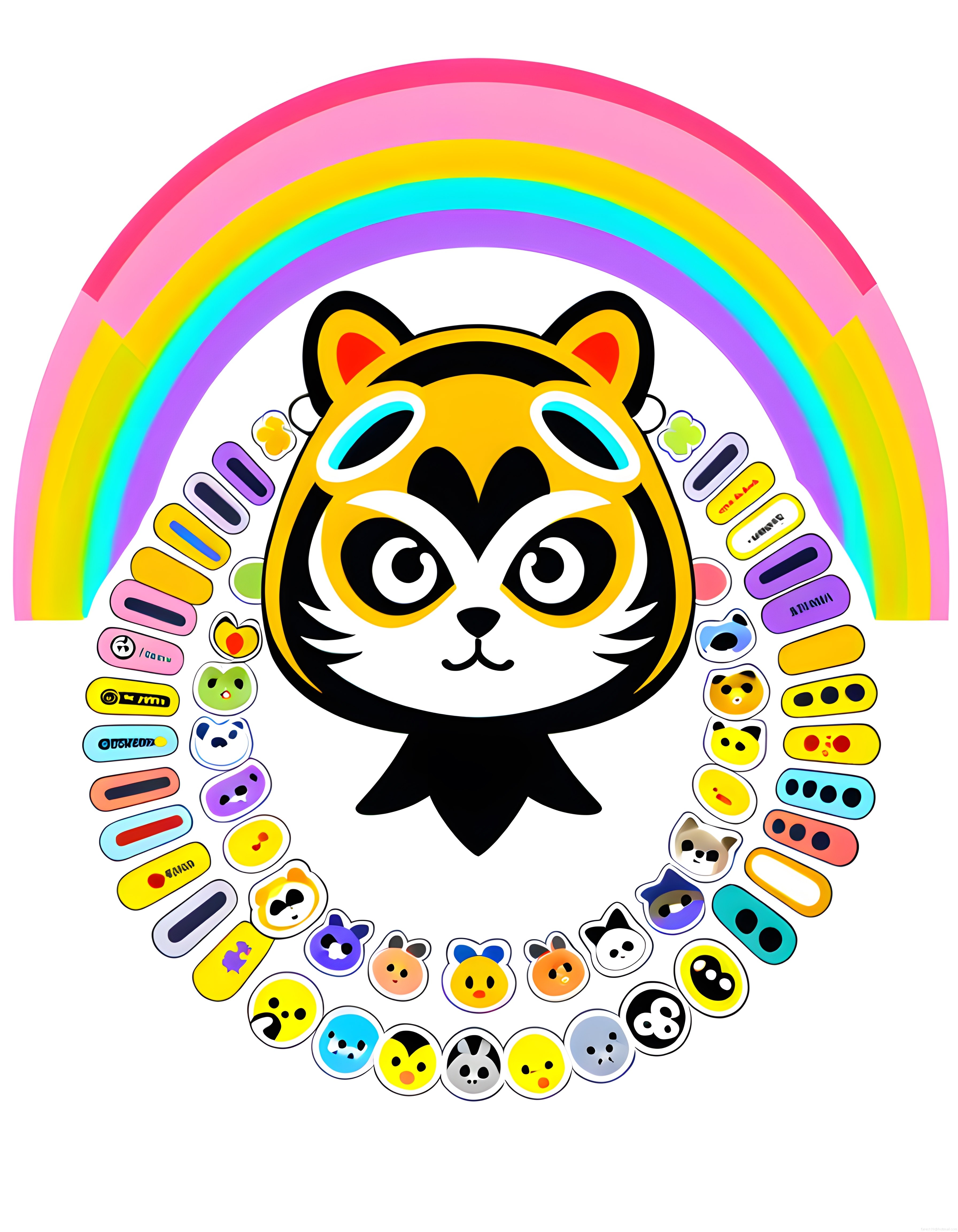 Gökkuşağı ve Sevimli Kaplan Maskotlu Renkli Emoji Sticker Dijital İllüstrasyon