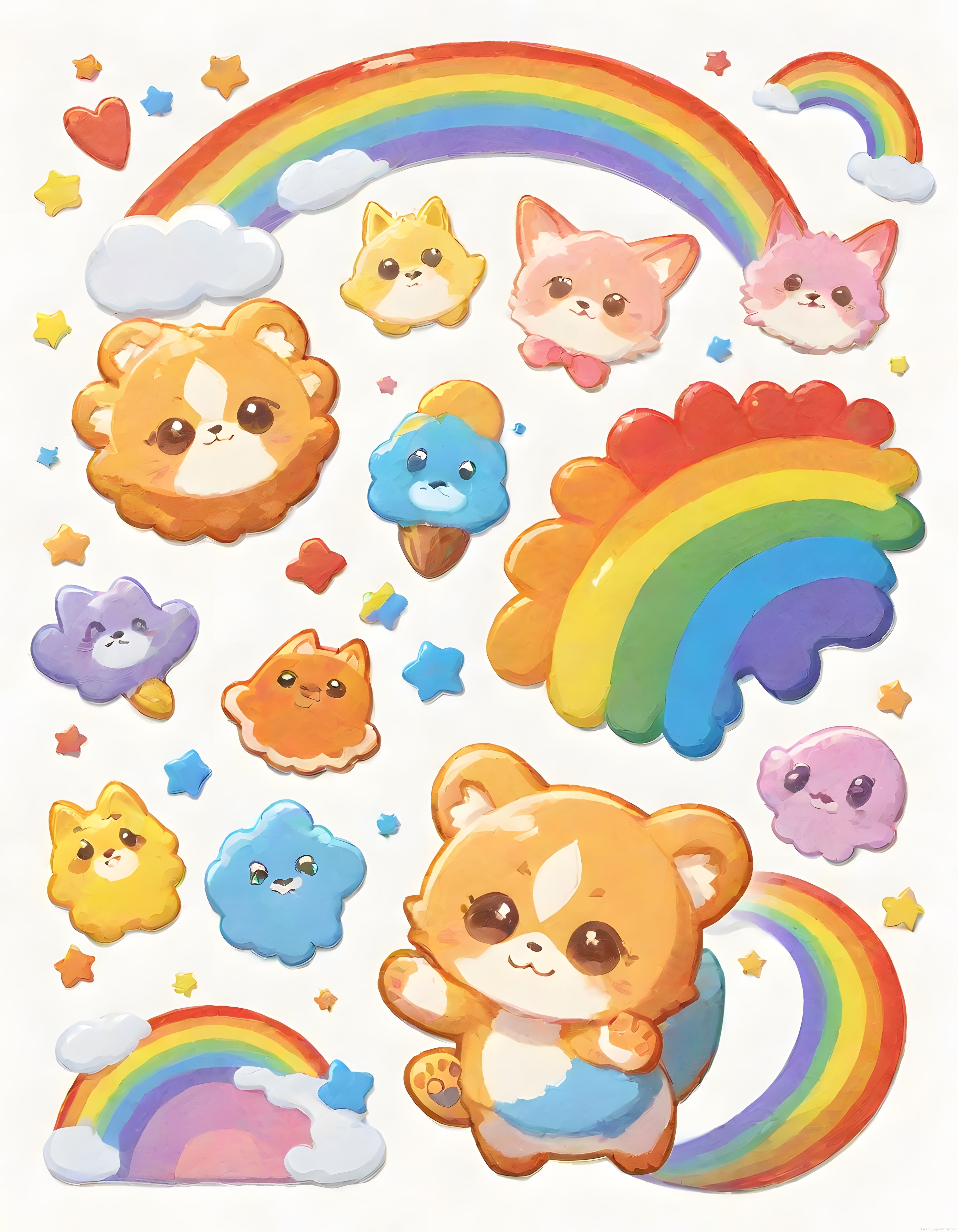 Gökkuşağı ve Sevimli Kawaii Hayvanların Renkli Dijital İllüstrasyonu