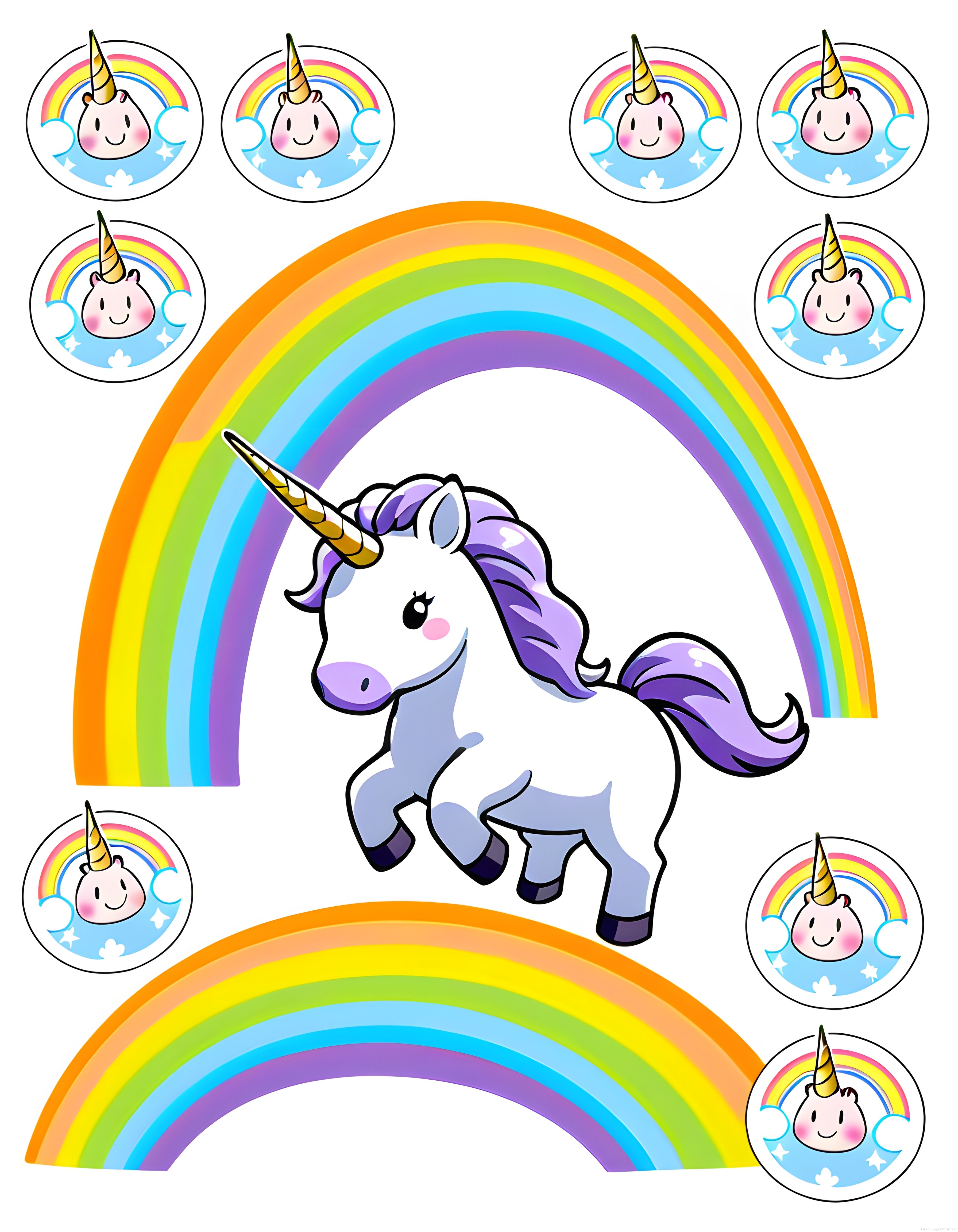 Gökkuşağı ve Sevimli Unicorn Çizimlerinden Oluşan Renkli Çocuk Sticker Seti
