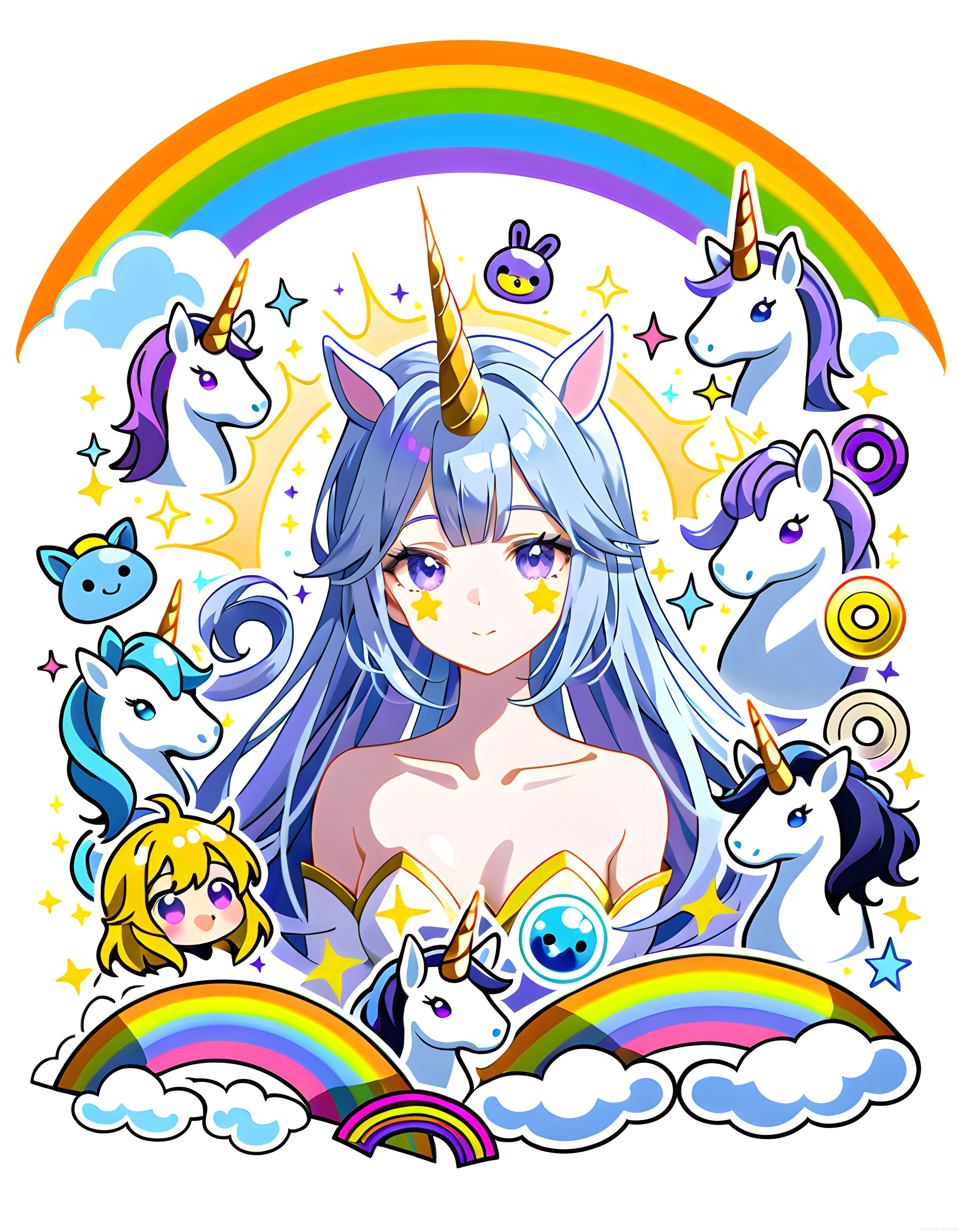 Gökkuşağı ve Unicornlarla Çevrili Mavi Saçlı Anime Kız İllüstrasyonu