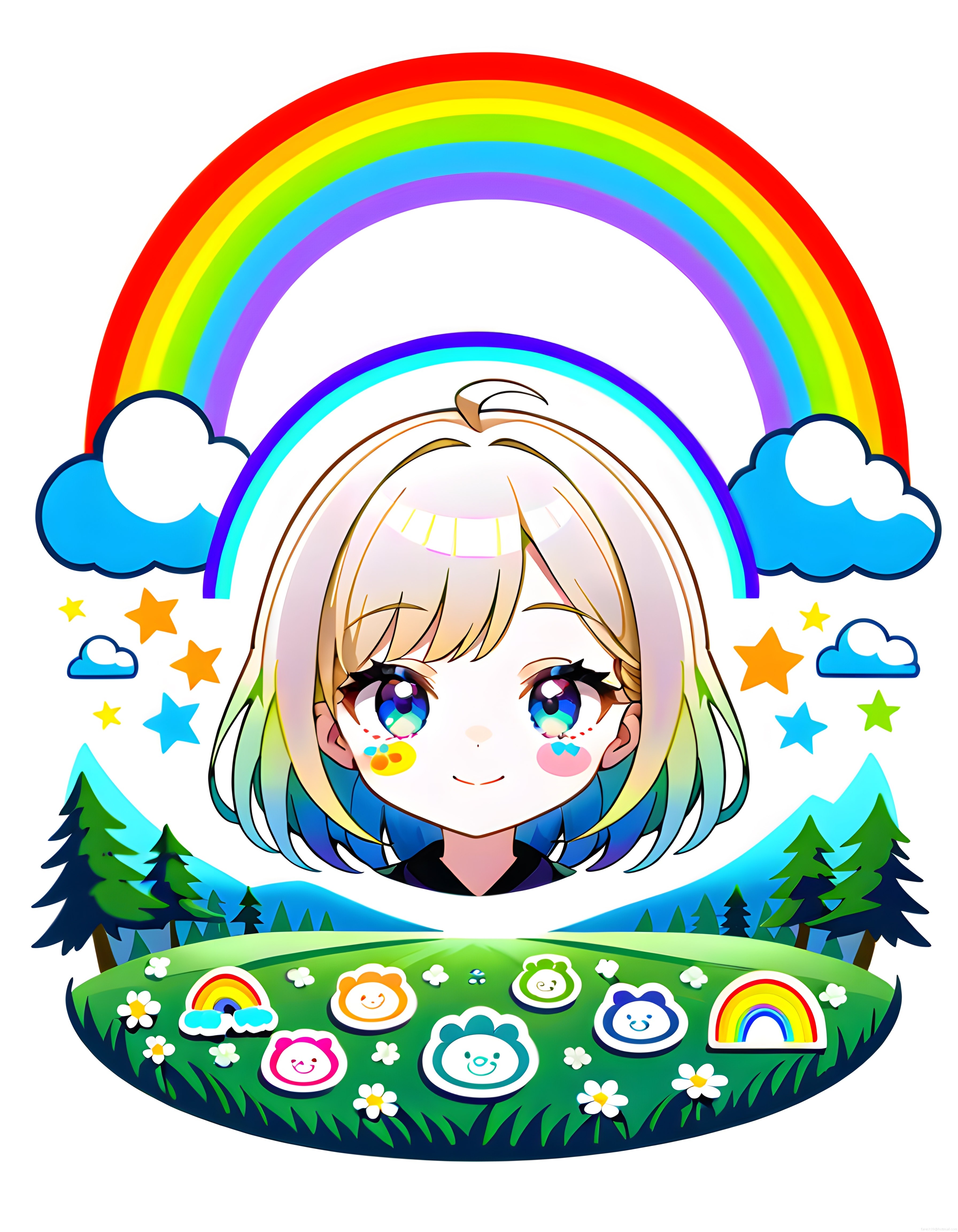 Gökkuşağı ve Yıldızlar Arasındaki Sevimli Anime Kız Dijital İllüstrasyonu