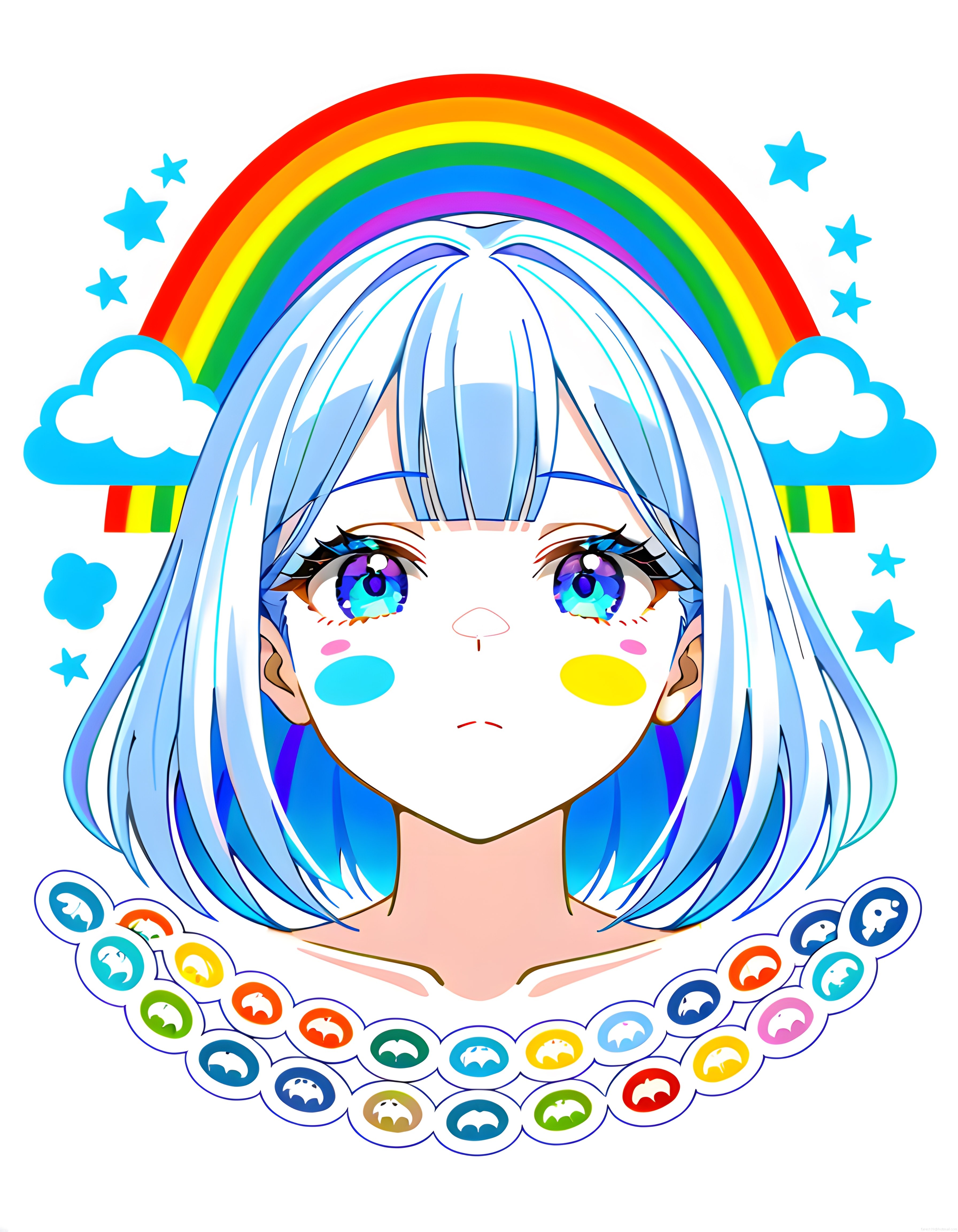 Gökkuşağı ve Yıldızlar Eşliğinde Pastel Mavi Saçlı Anime Kız Dijital Portresi