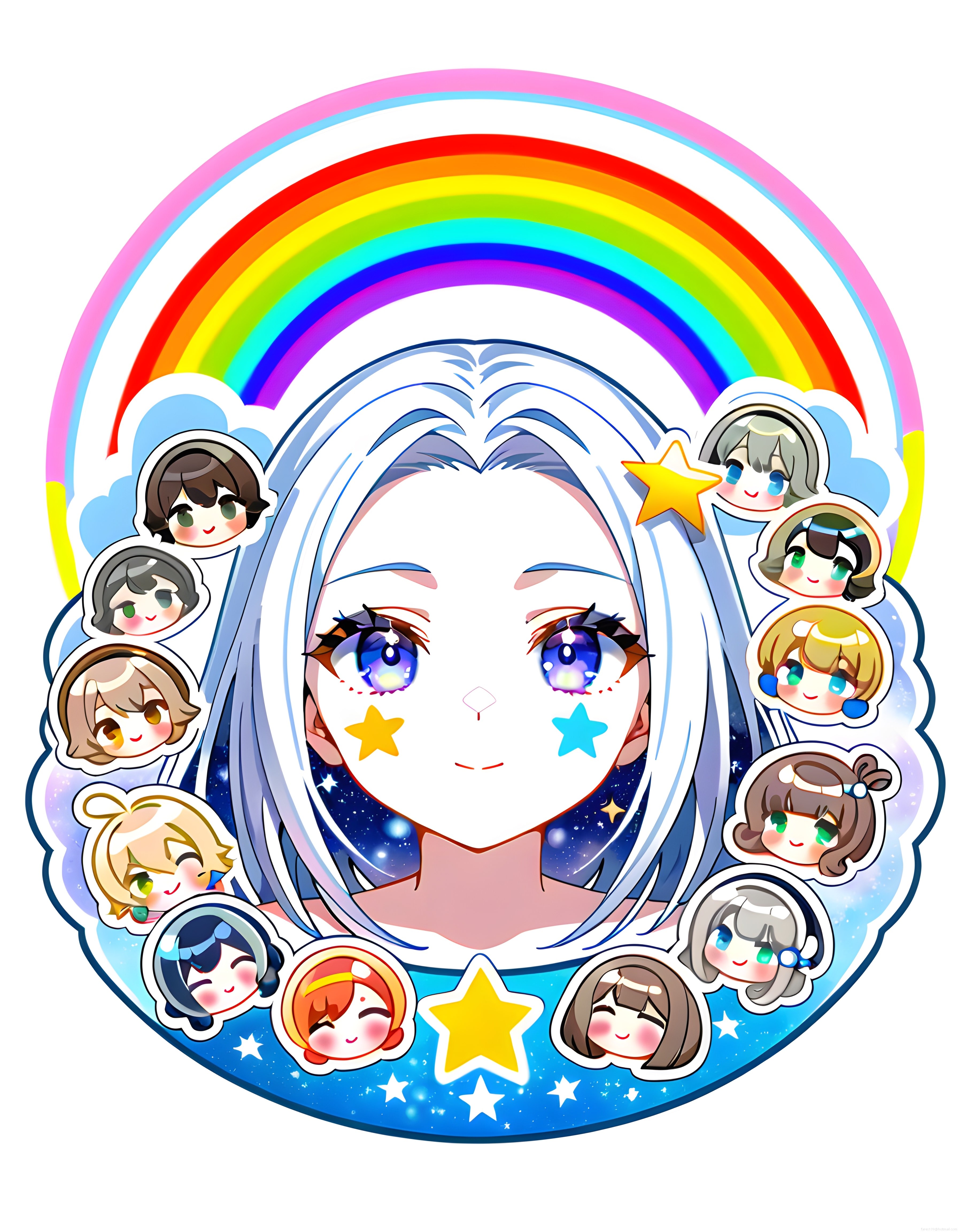 Gökkuşağı ve Yıldızlarla Çevrili Sevimli Anime Kızı ve Chibi Karakterler