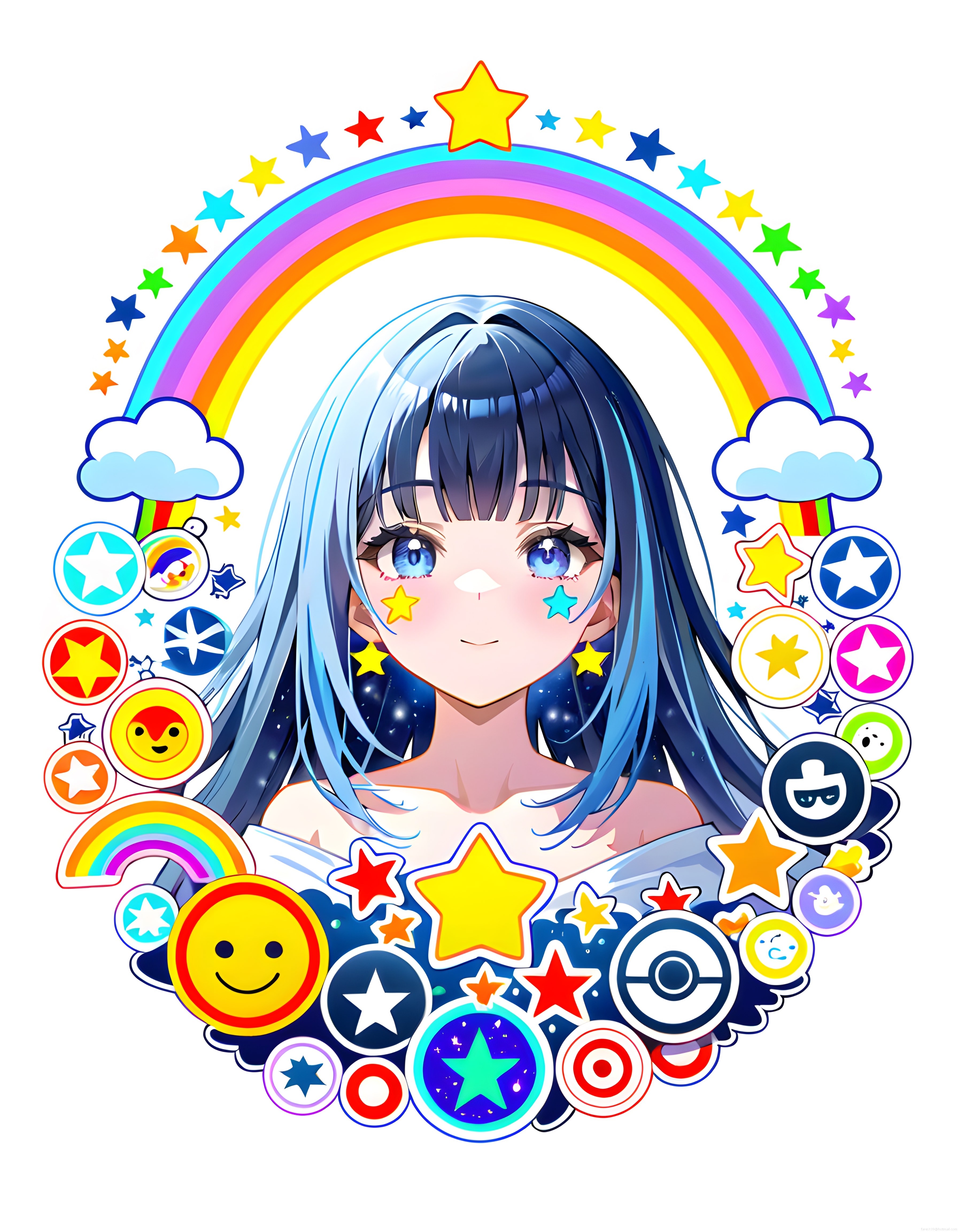 Gökkuşağı ve Yıldızlarla Süslü Anime Stili Karakter Portresi