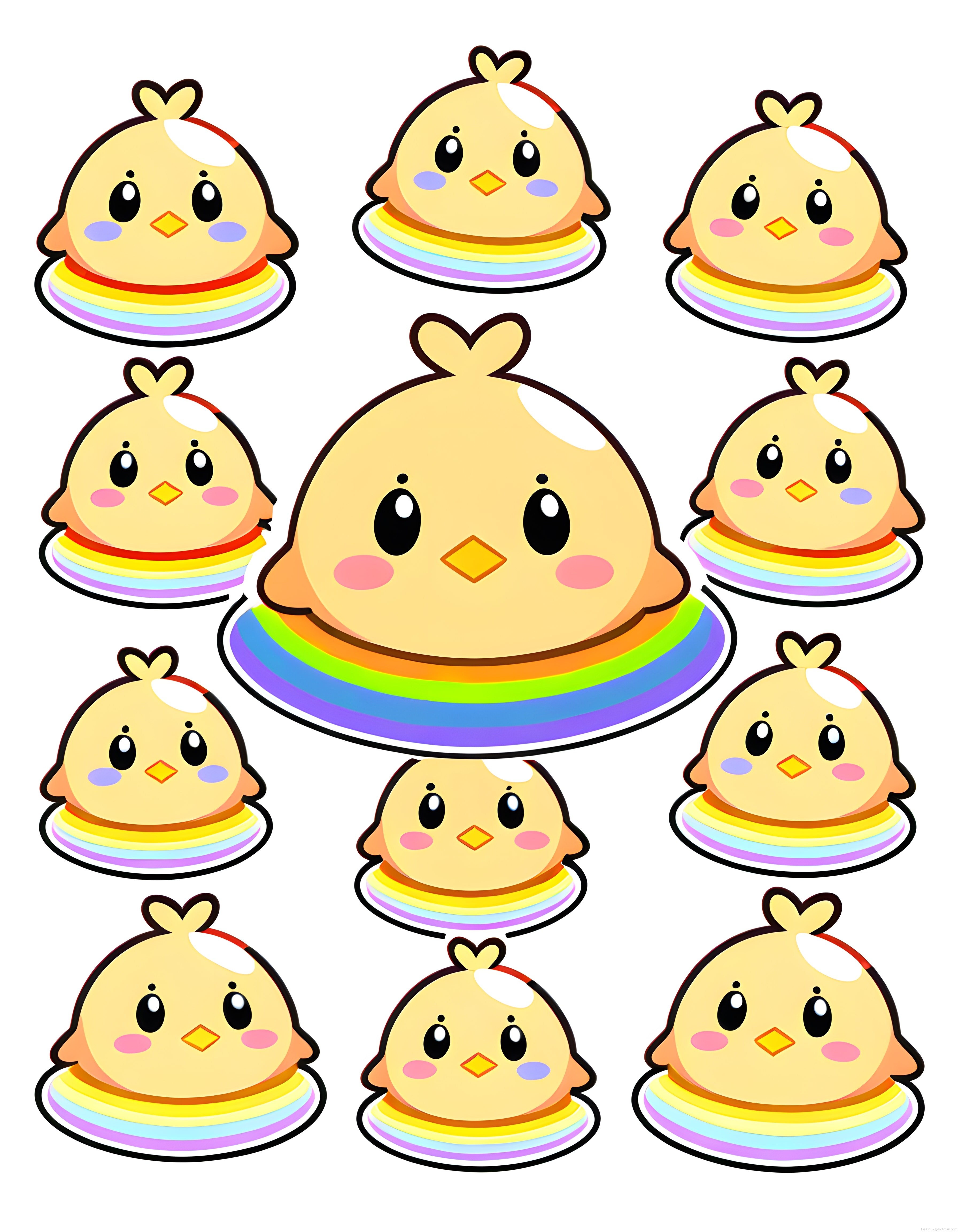 Gökkuşağı Yakalı Sevimli Civcivler: Renkli Kawaii Çizgi Film Sticker Seti Gökkuşağı Yakalı Sevimli Civcivler: Renkli Kawaii Çizgi Film Sticker Seti