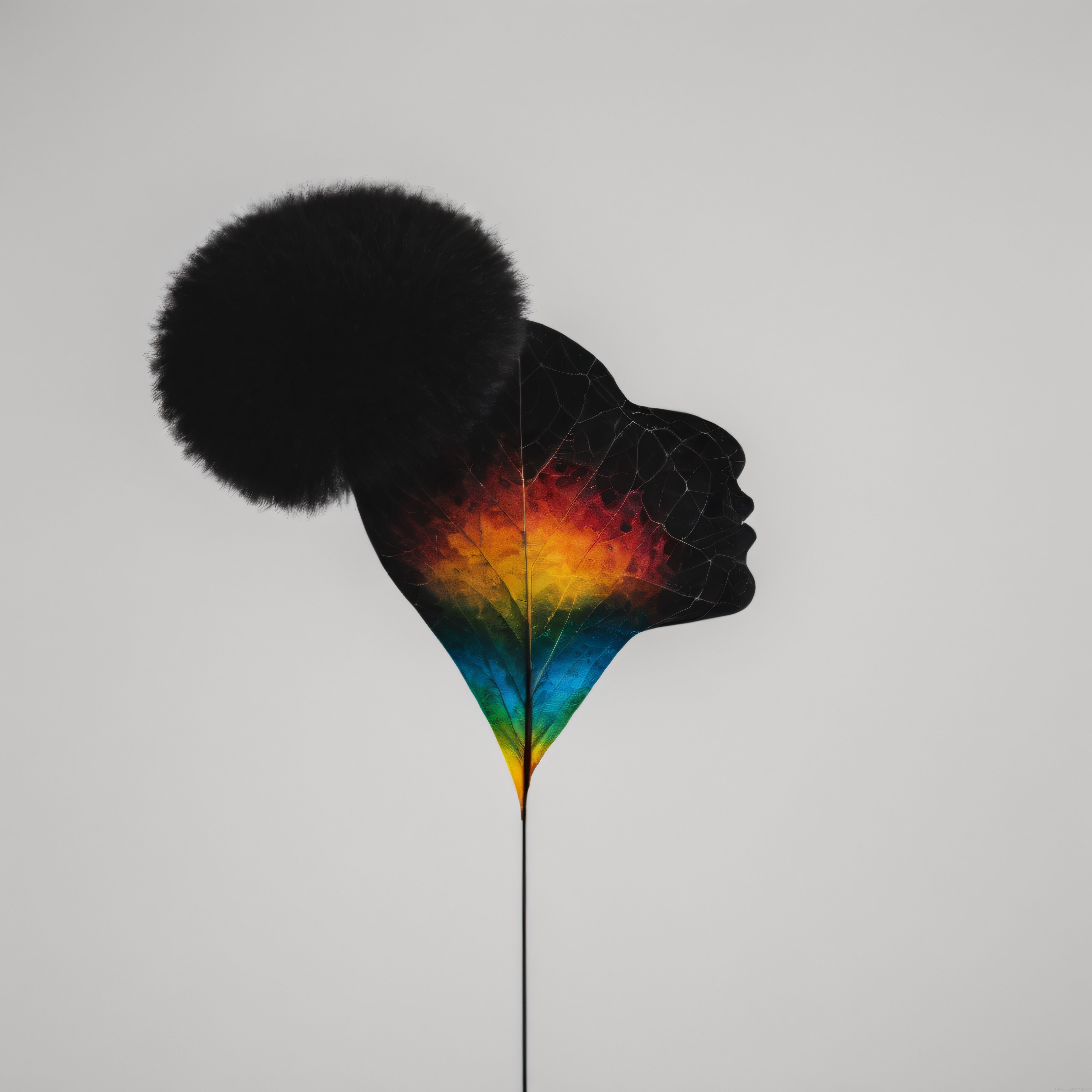 Gökkuşağı Yaprak Dokusu ve Afro Saçlı Kadın Siluetli Dijital Sanat Çalışması