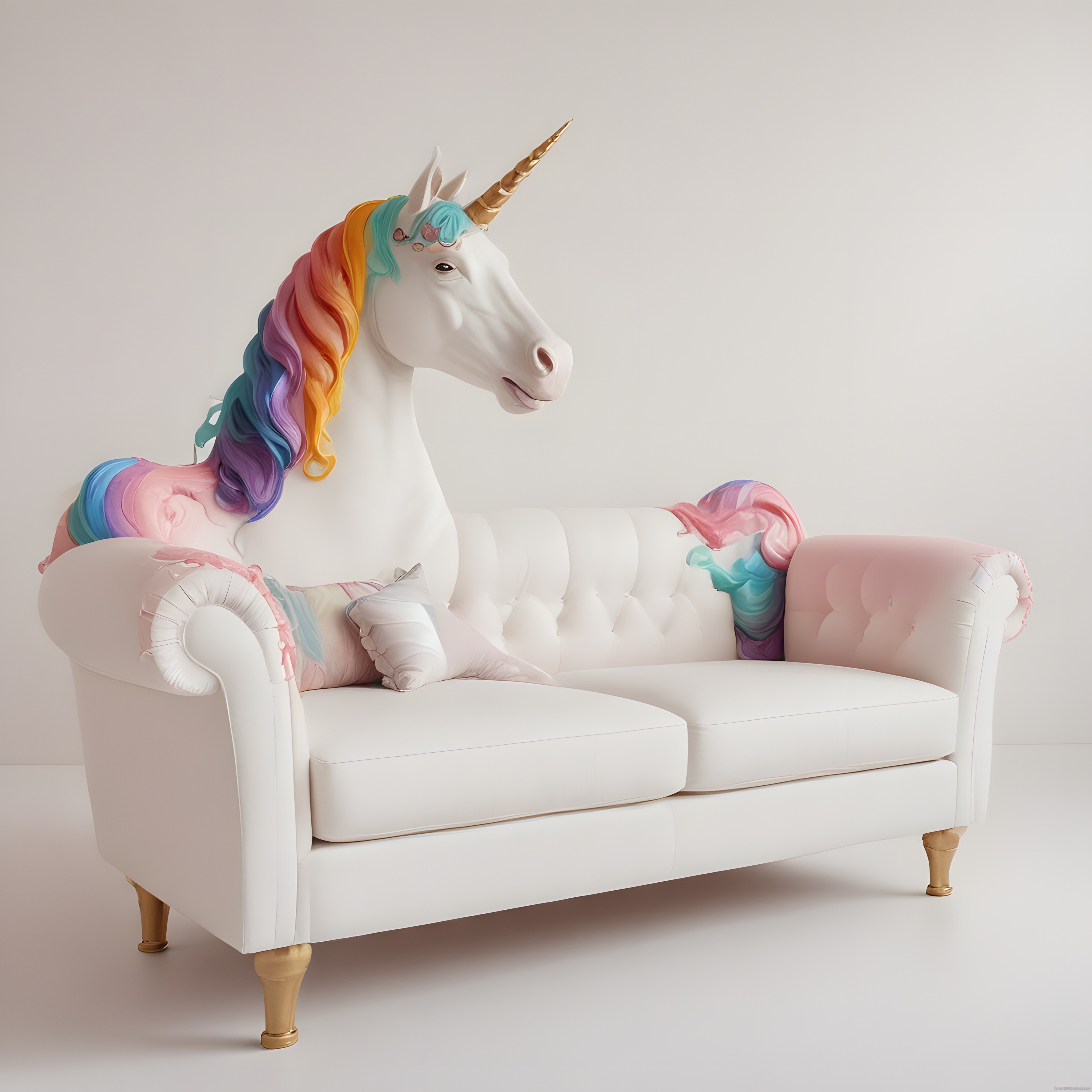 Gökkuşağı Yeleli Unicorn Tasarımlı Fantastik Beyaz Koltuk ve Dekoratif Yastıklar