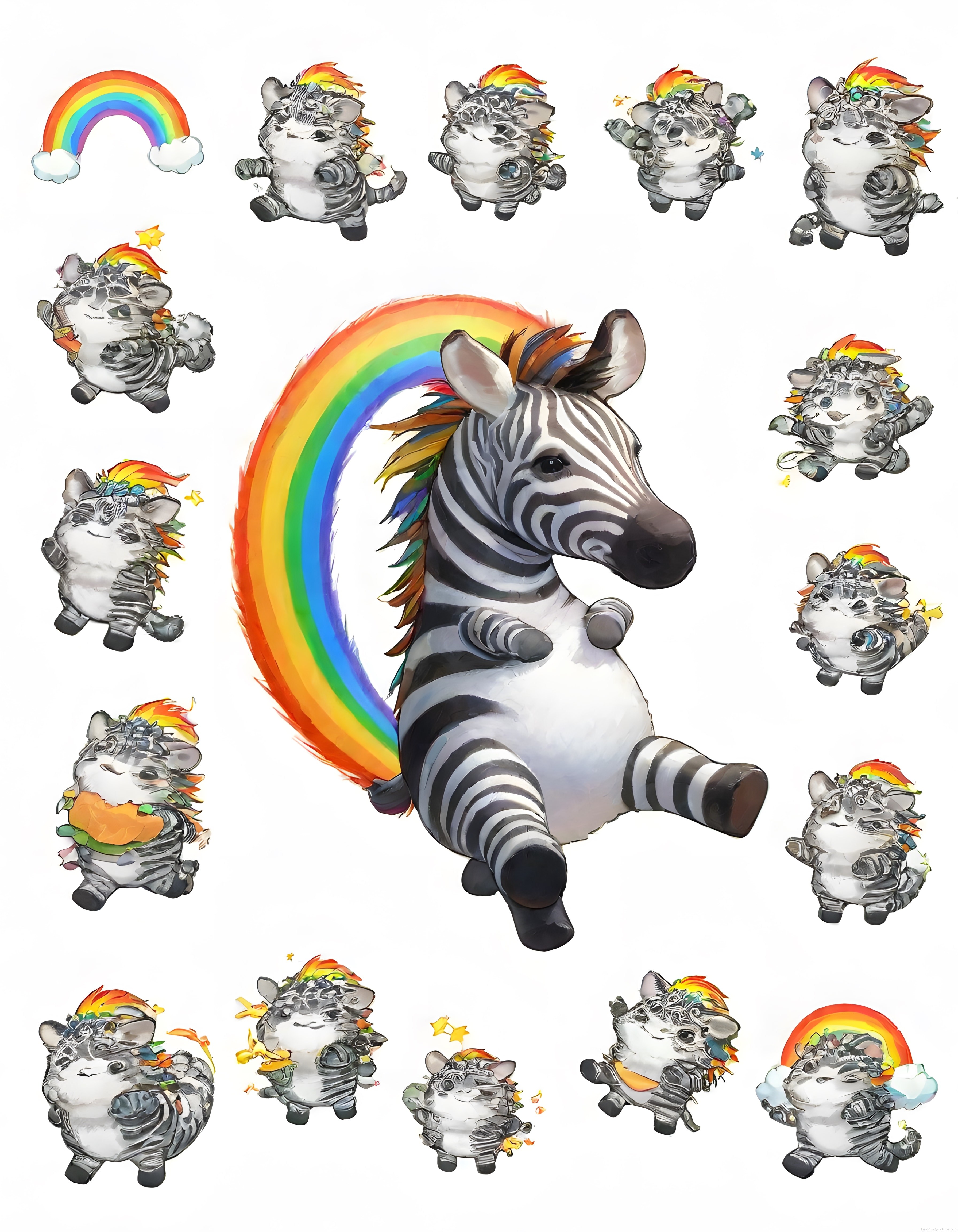 Gökkuşağı Yelesiyle Şirin Zebra Karakterleri ve Sevimli Dijital İllüstrasyon Seti