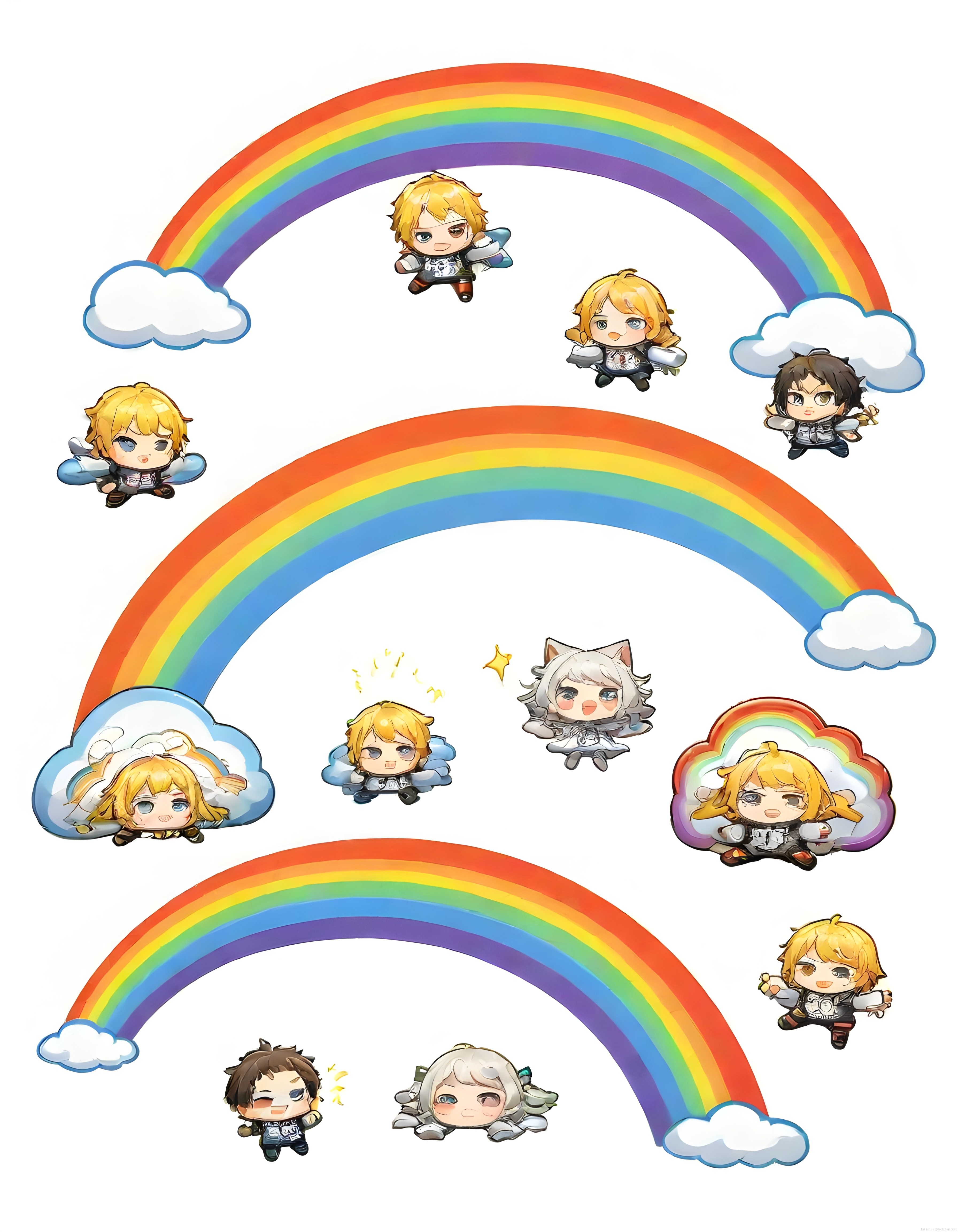 Gökkuşakları ve Bulutlar Arasında Süzülen Chibi Anime Karakterleri