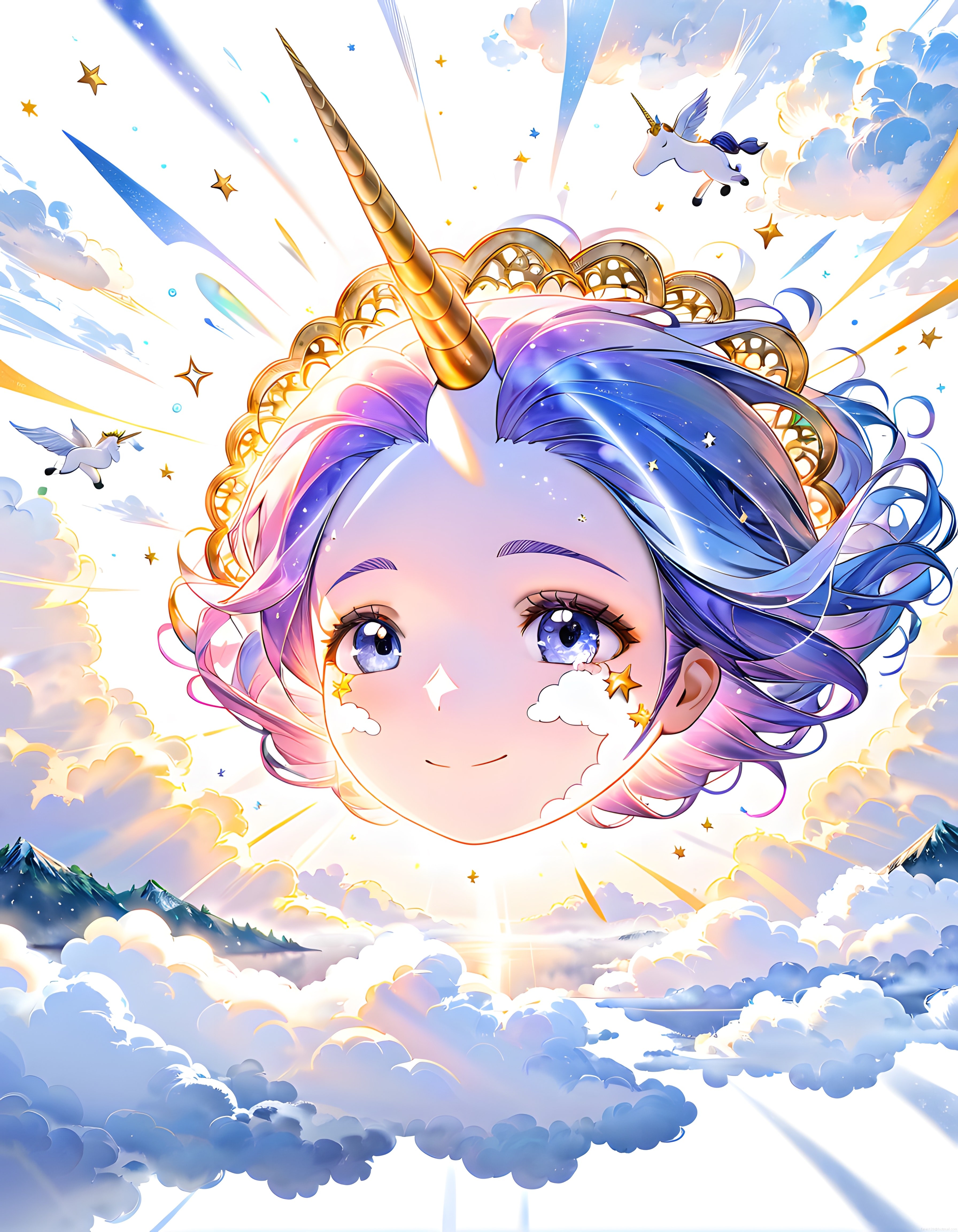 Göklerdeki Unicorn Prenses: Renkli Anime Dijital Sanat ve Fantastik Bulutlar