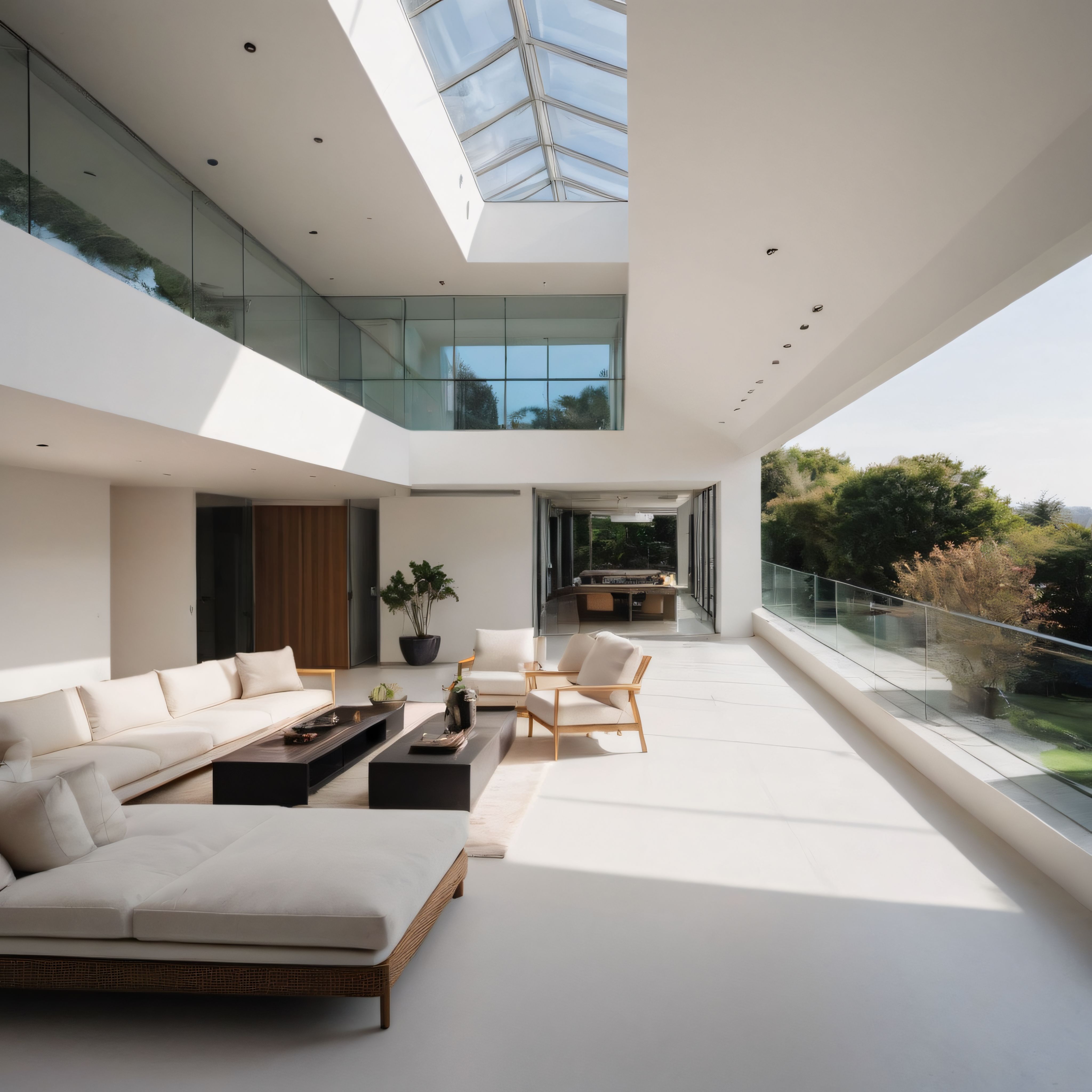 Gökyüzü Işıklı Çift Katlı Modern Villada Ferah Beyaz Salon Dekorasyonu