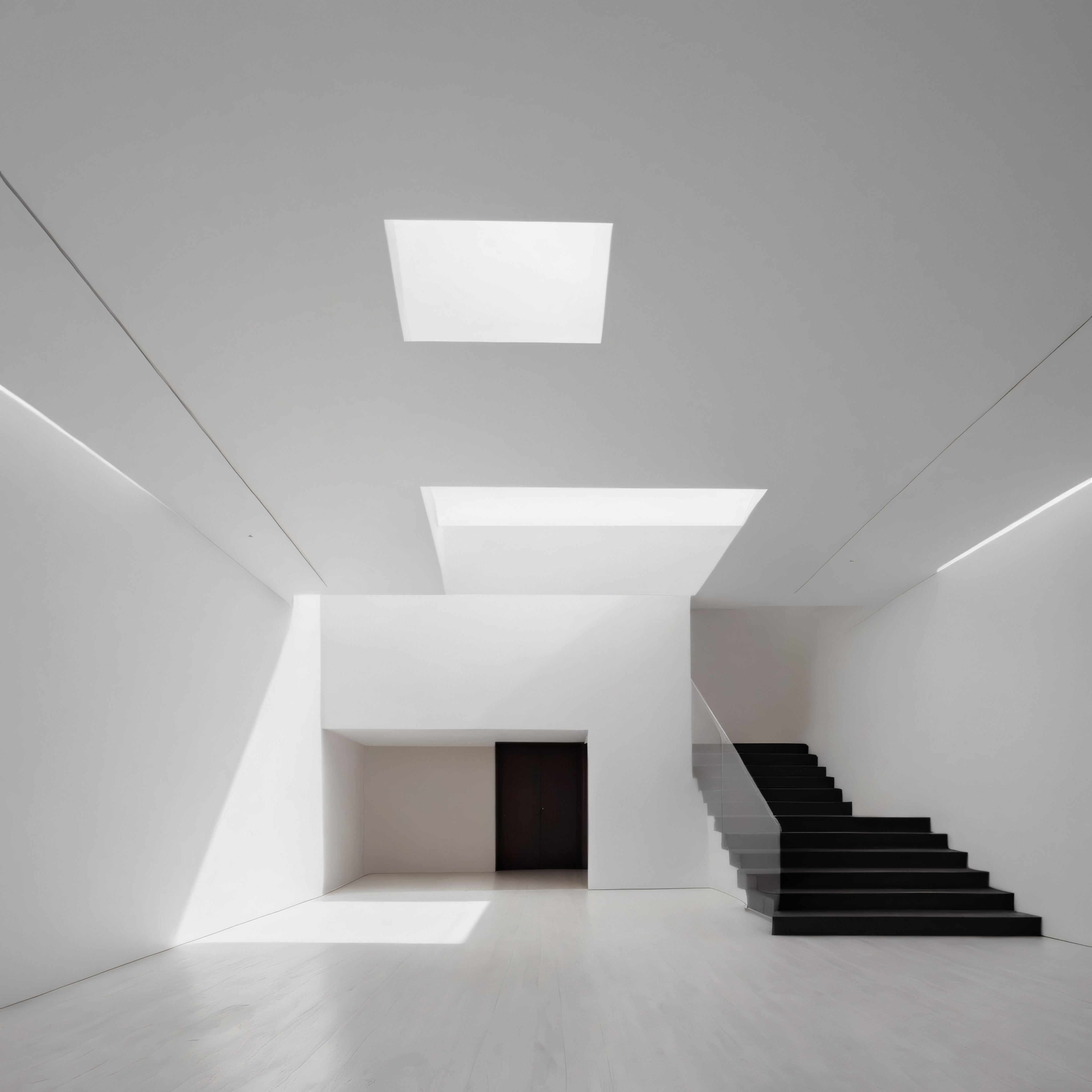 Gökyüzü pencereleri ve siyah basamaklarıyla çarpıcı minimalist iç mekan tasarımı
