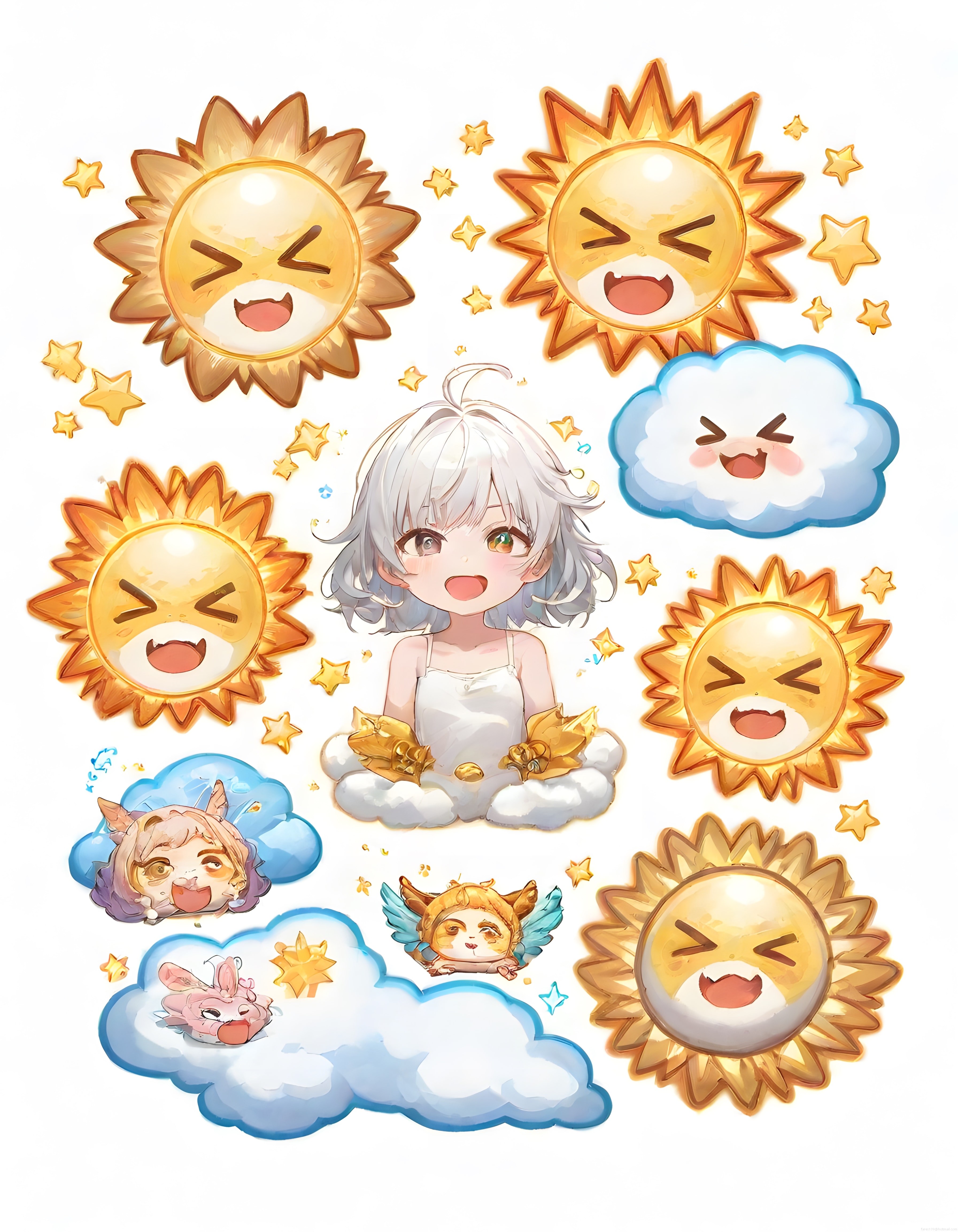 Gökyüzü Perisi: Sevimli Güneş ve Bulutlarla Çevrili Kawaii Anime Kız Çizimi