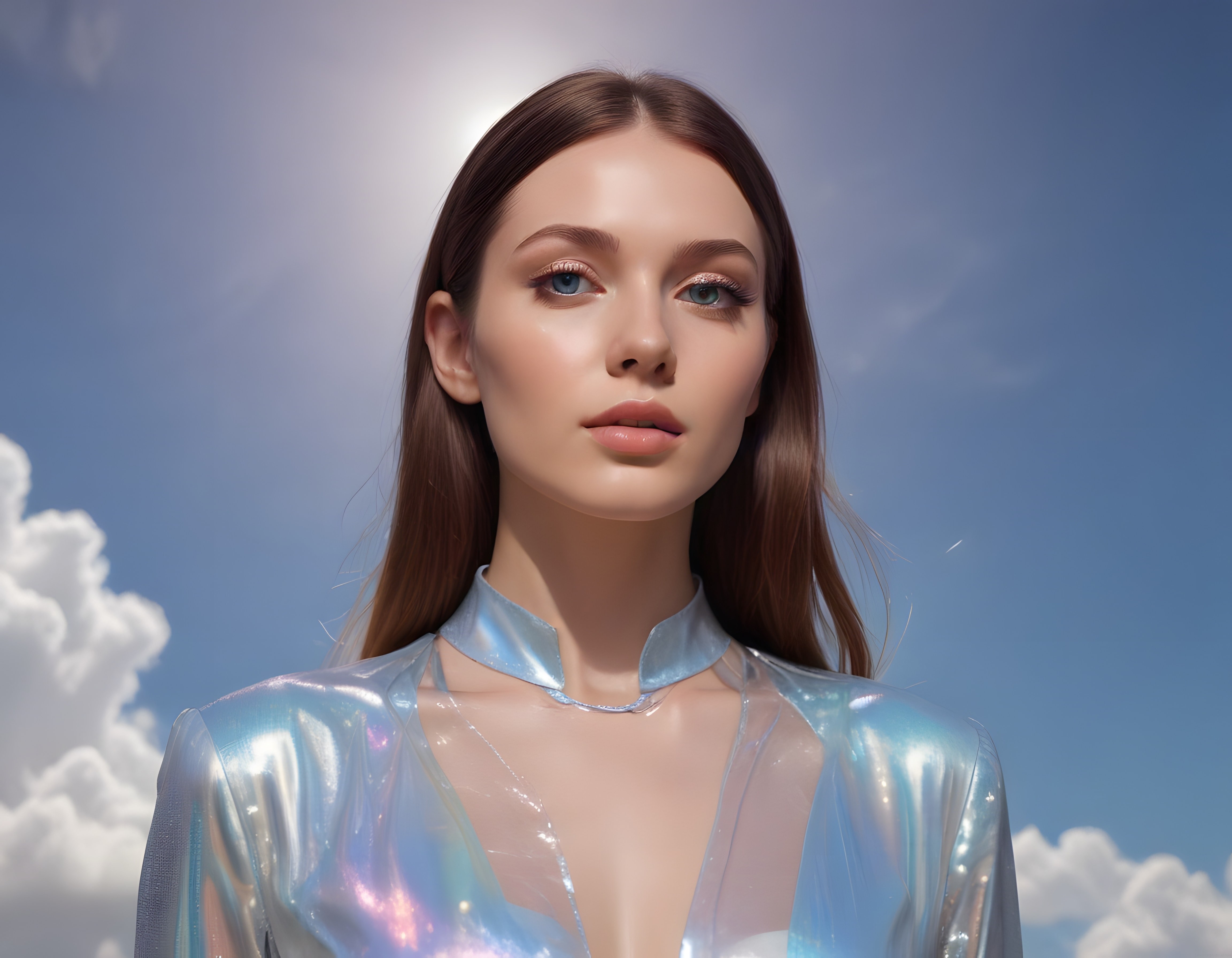 Gökyüzü ve Bulutlar Arasında Gelecekten Gelen Holografik Moda Portresi