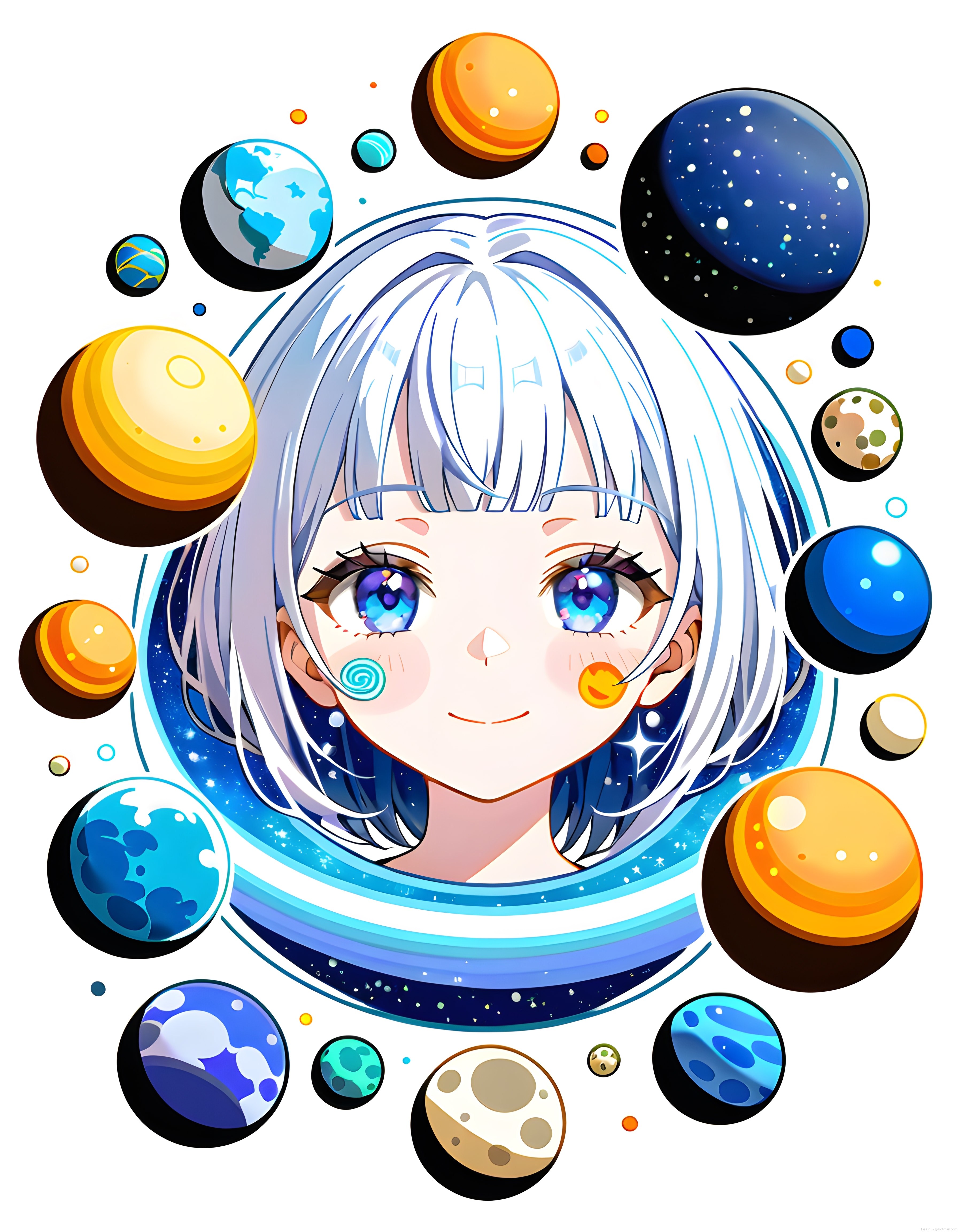 Gökyüzü ve Gezegenlerle Çevrili Anime Stili Kızın Dijital Sanat Çalışması