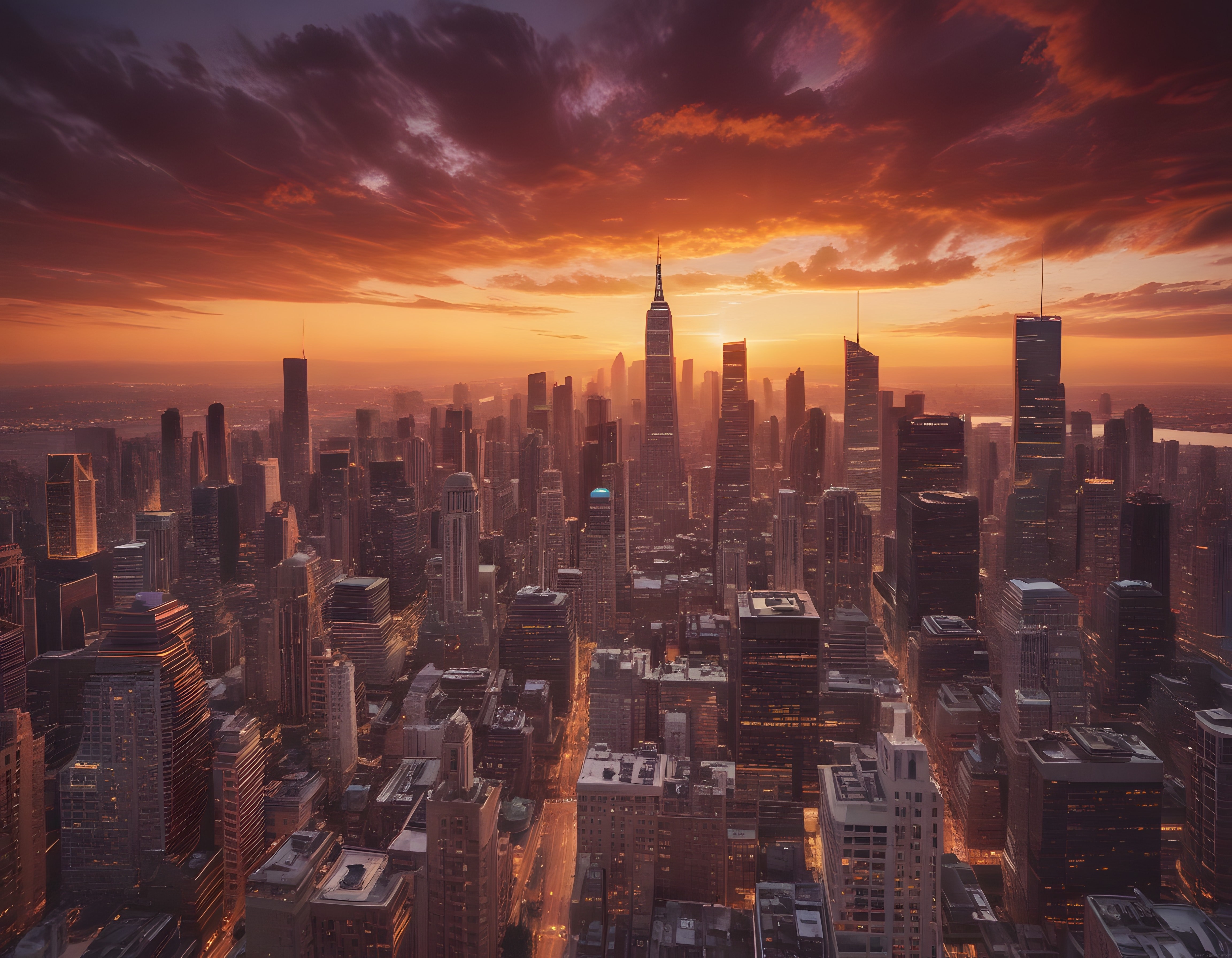 Gökyüzünde Ateş Kızılı Günbatımı ve Gökdelenlerle Büyüleyici New York Manzarası