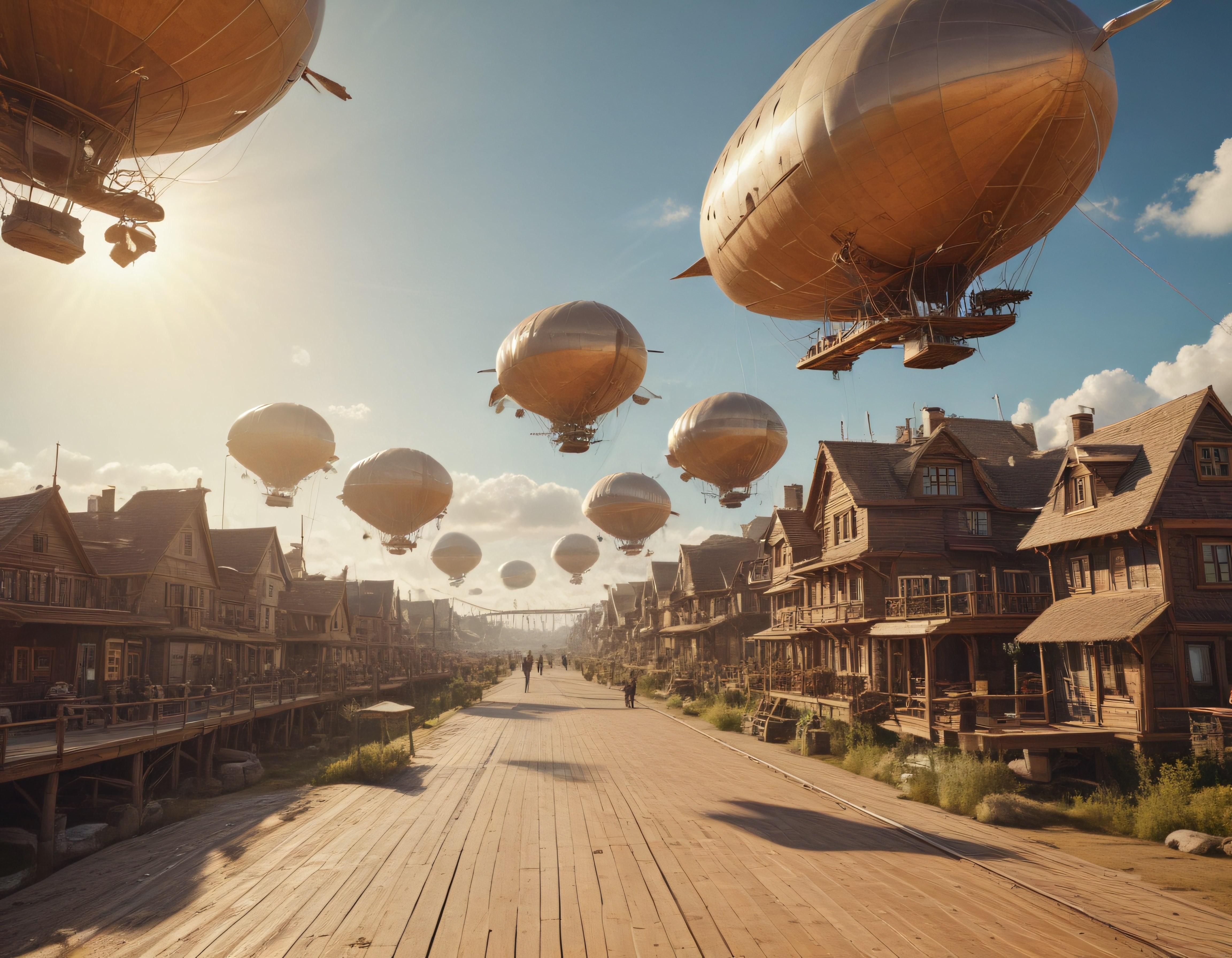 Gökyüzünde dev zeplerin süzüldüğü steampunk tarzı ahşap kasaba manzarası