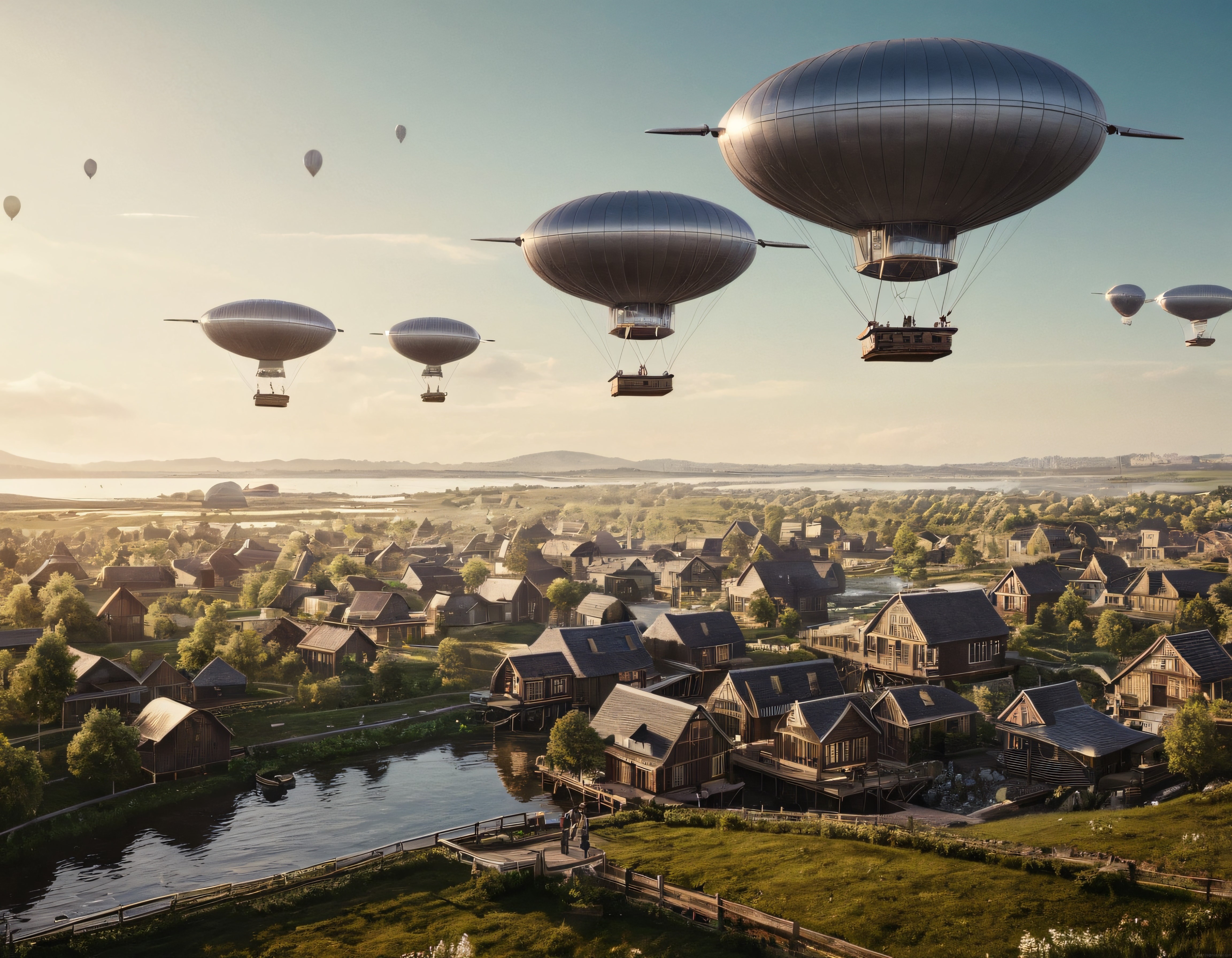Gökyüzünde Dev Zeplinlerin Süzüldüğü Steampunk Köy Manzarası