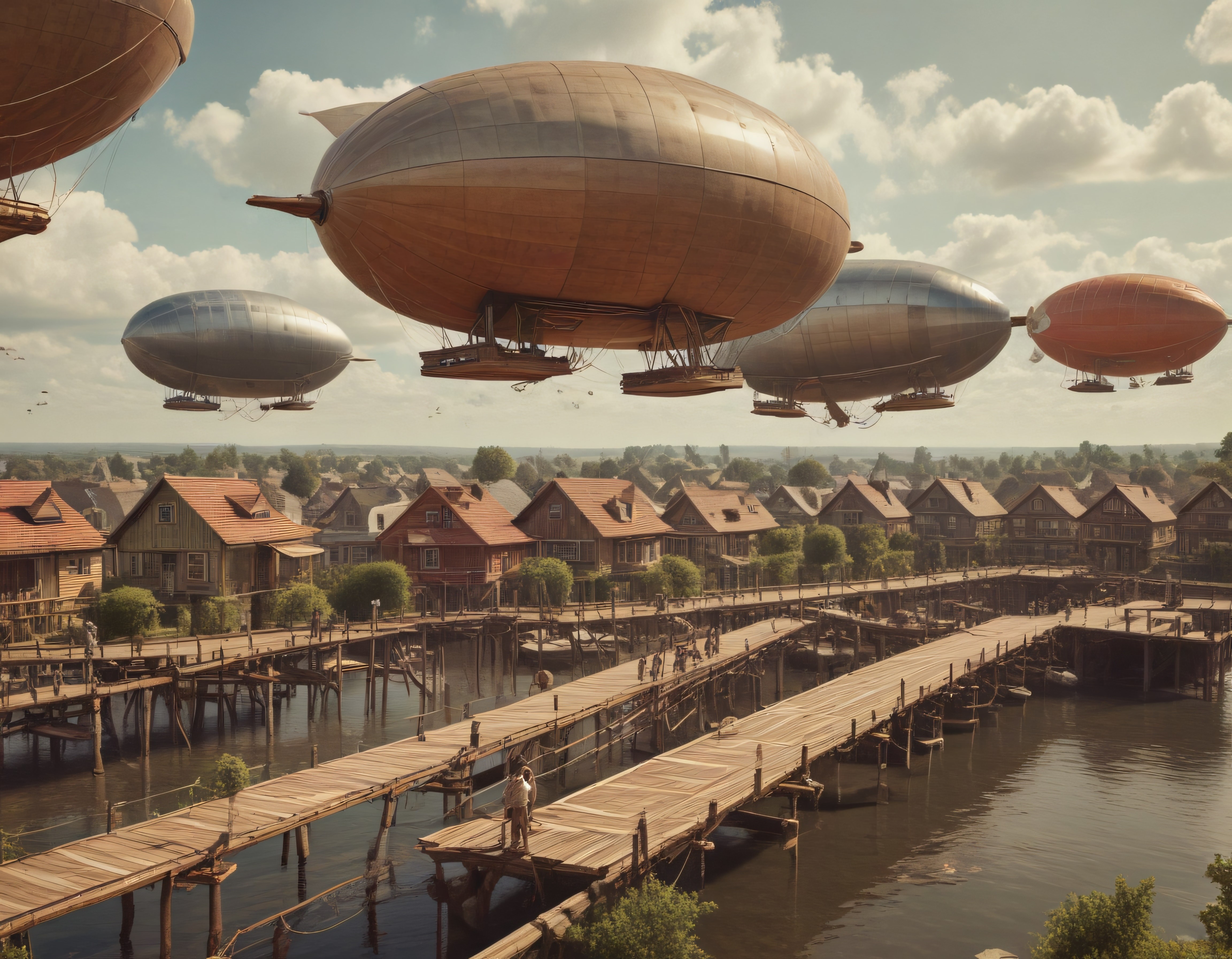 Gökyüzünde Dev Zeplinlerin Süzüldüğü Steampunk Liman Kasabası