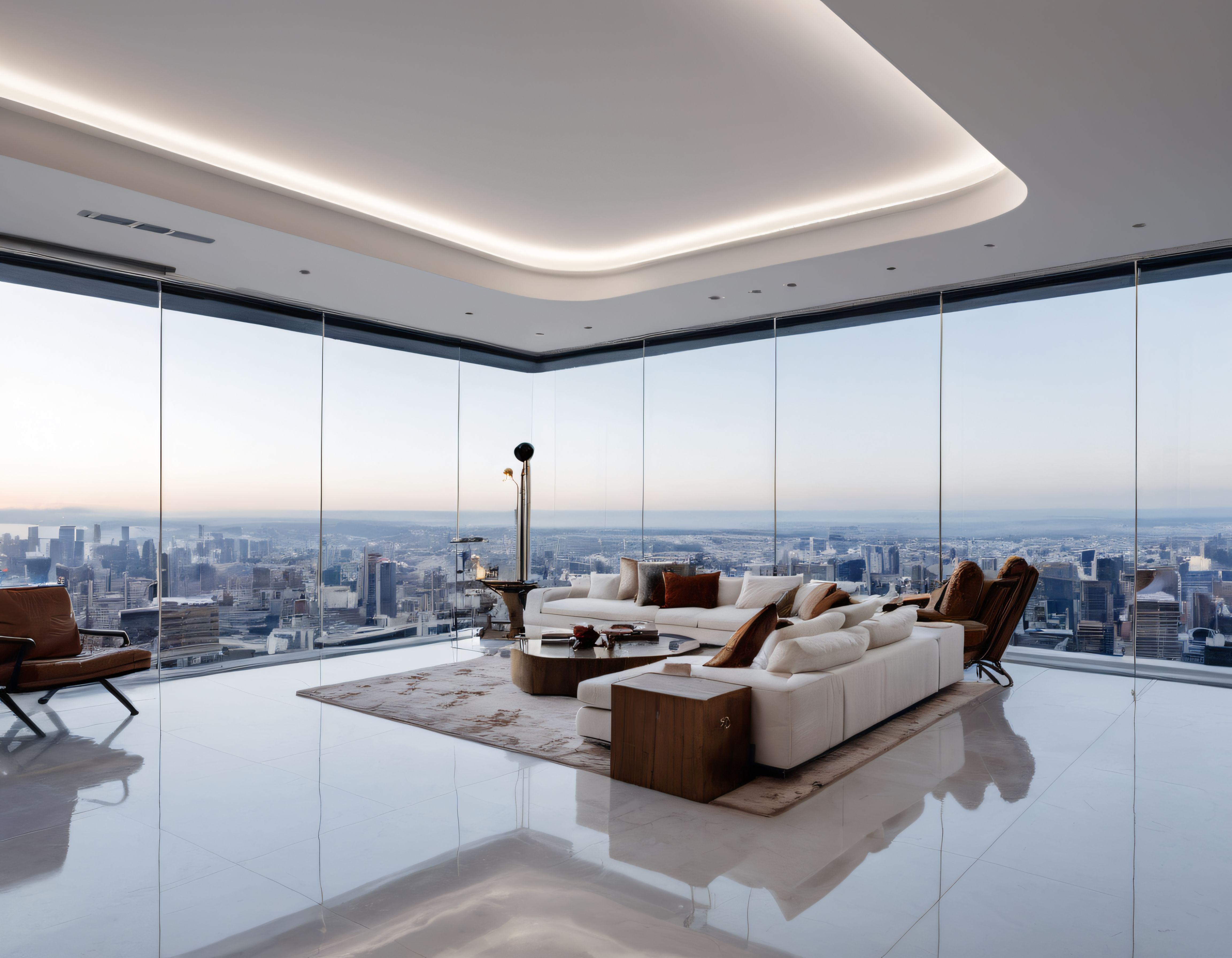 Gökyüzünde Lüks Yaşam: Panoramik Şehir Manzaralı Modern Penthouse Salon